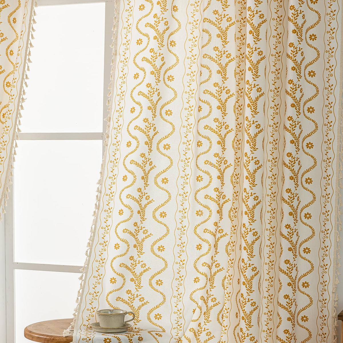 Navy Blue Boho Curtains 72 Inch Long for Living Room, Bedroom, 2 Panels Floral Farmhouse Vintage Tassel Semi Sheer Light Filtering Privacy Window Curtain Drapes with Rod Pocket, Navy Blue