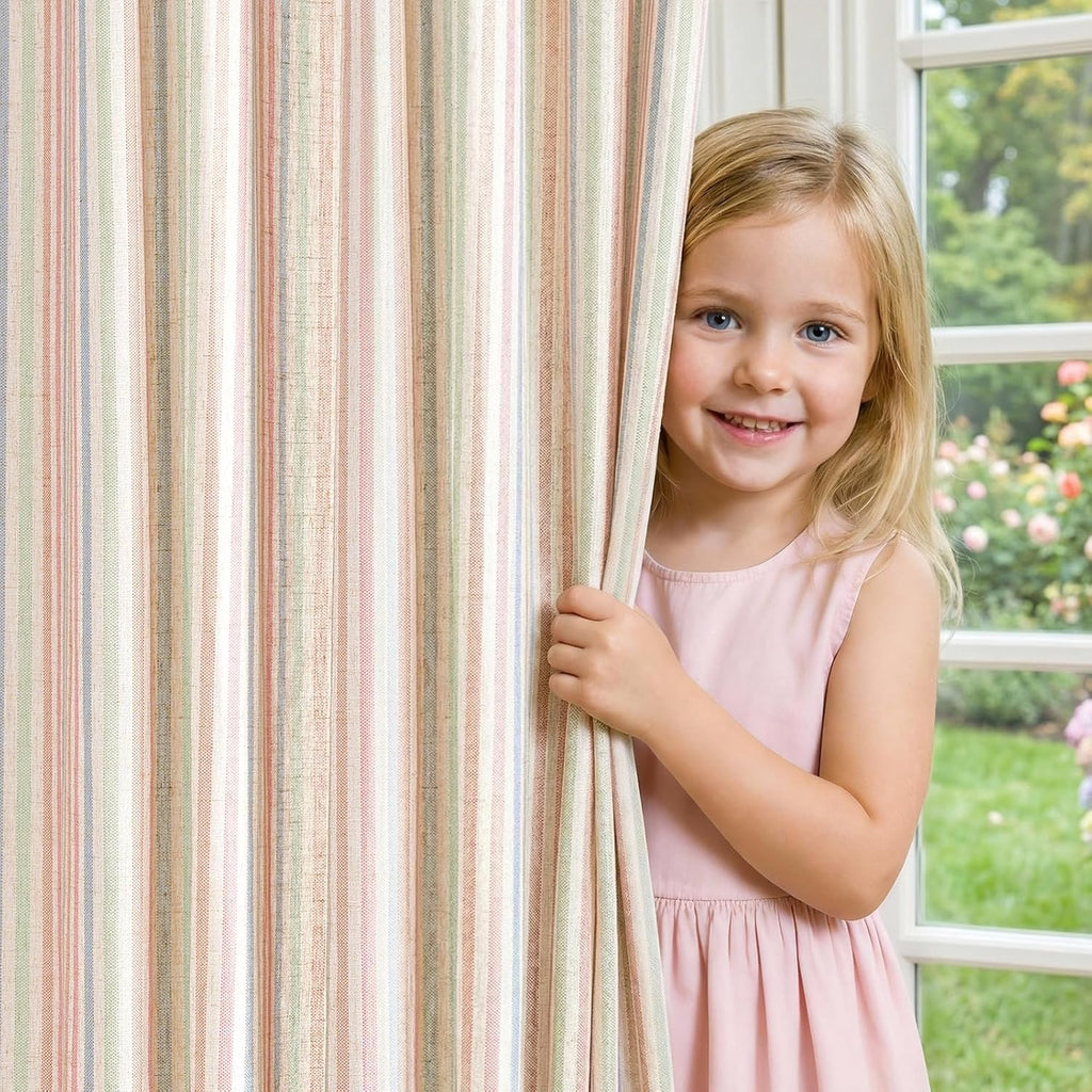 jinchan Linen Curtains 84 Inch Taupe Stripe on Linen Grommet 2 Panels