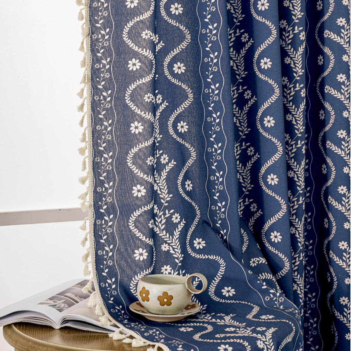 Navy Blue Boho Curtains 72 Inch Long for Living Room, Bedroom, 2 Panels Floral Farmhouse Vintage Tassel Semi Sheer Light Filtering Privacy Window Curtain Drapes with Rod Pocket, Navy Blue