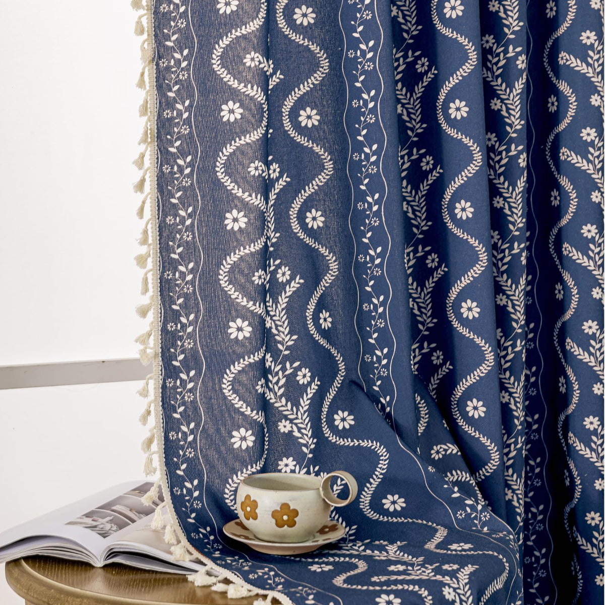 Navy Blue Boho Curtains 72 Inch Long for Living Room, Bedroom, 2 Panels Floral Farmhouse Vintage Tassel Semi Sheer Light Filtering Privacy Window Curtain Drapes with Rod Pocket, Navy Blue