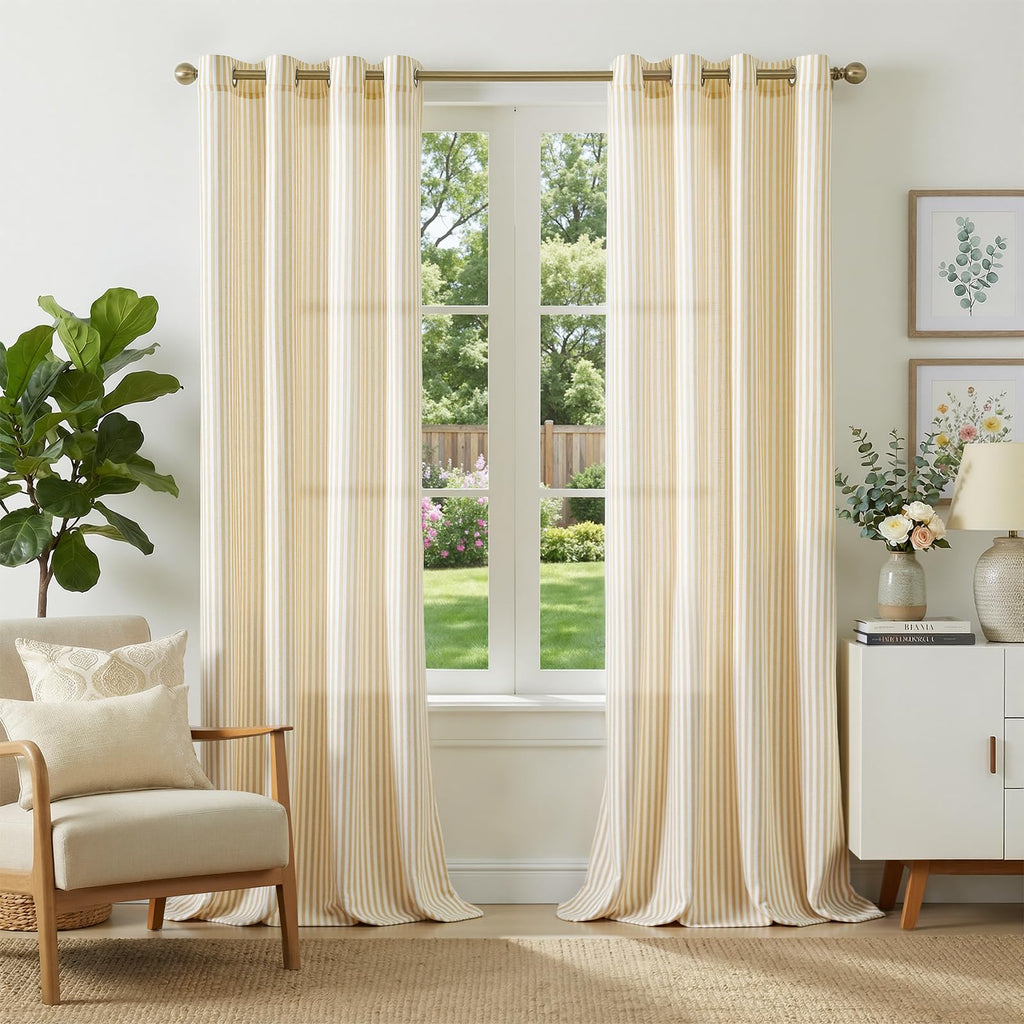 jinchan Linen Curtains 84 Inch Taupe Stripe on Linen Grommet 2 Panels