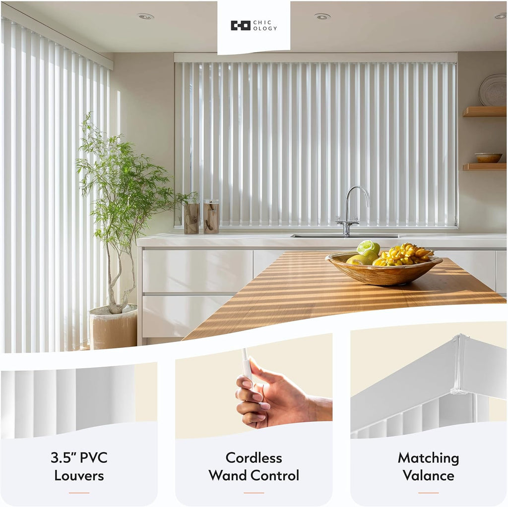 CHICOLOGY Vertical Blinds, Oxford White (Vinyl), 3.5" PVC, 78" W x 84" H