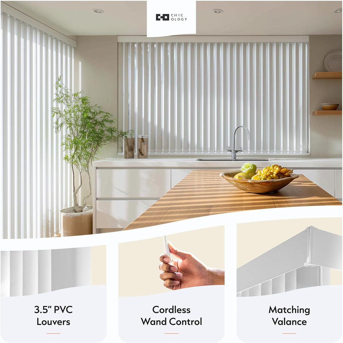CHICOLOGY Vertical Blinds, Oxford White (Vinyl), 3.5" PVC, 78" W x 84" H