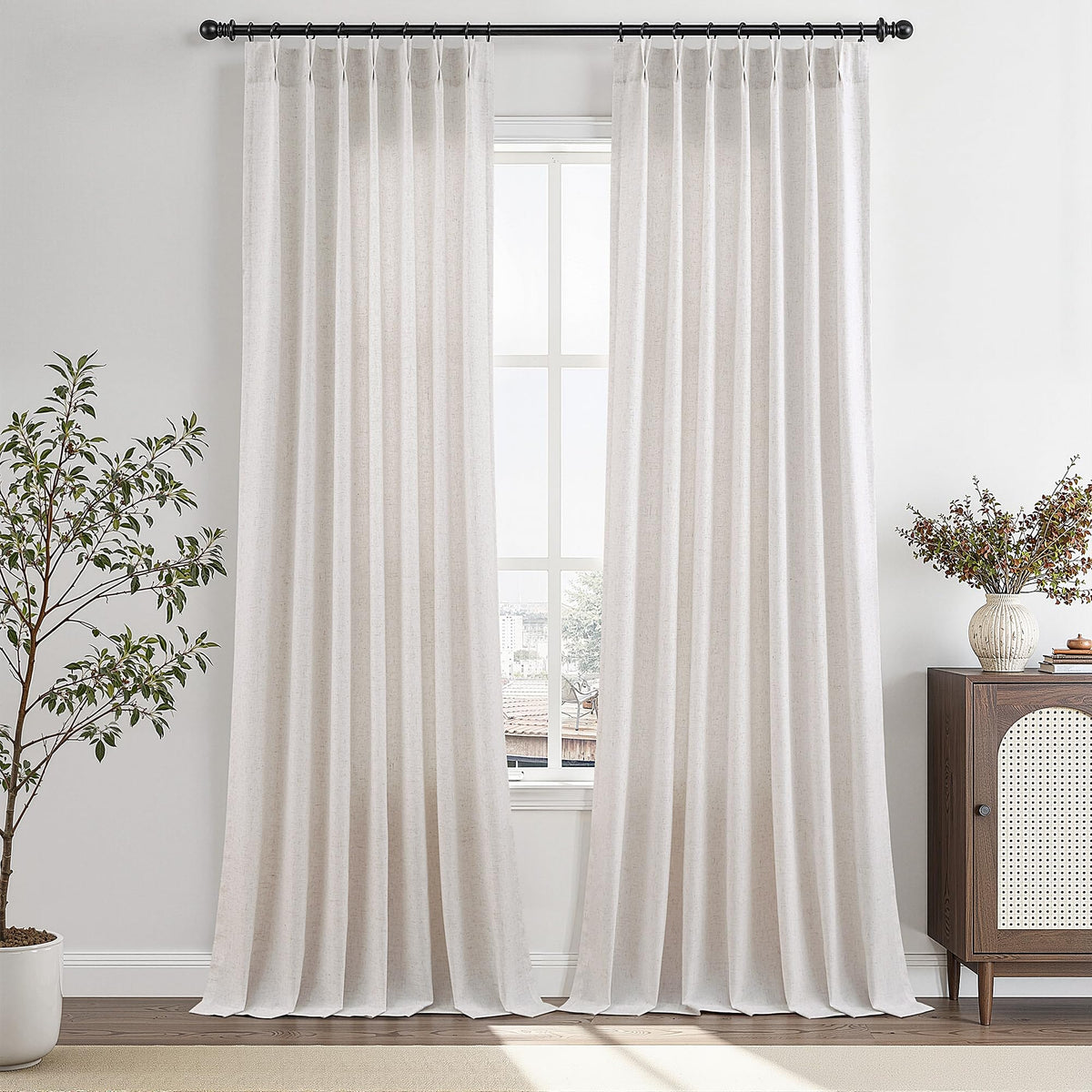 Aersas Linen Pinch Pleated Curtains 84 Inch Length 2 Panels Set for Living Room Cream Semi Sheer Window Curtain for Bedroom Boho Farmhouse Neutral Back Tab Drape Decor with Hooks, Natural Beige Ivory