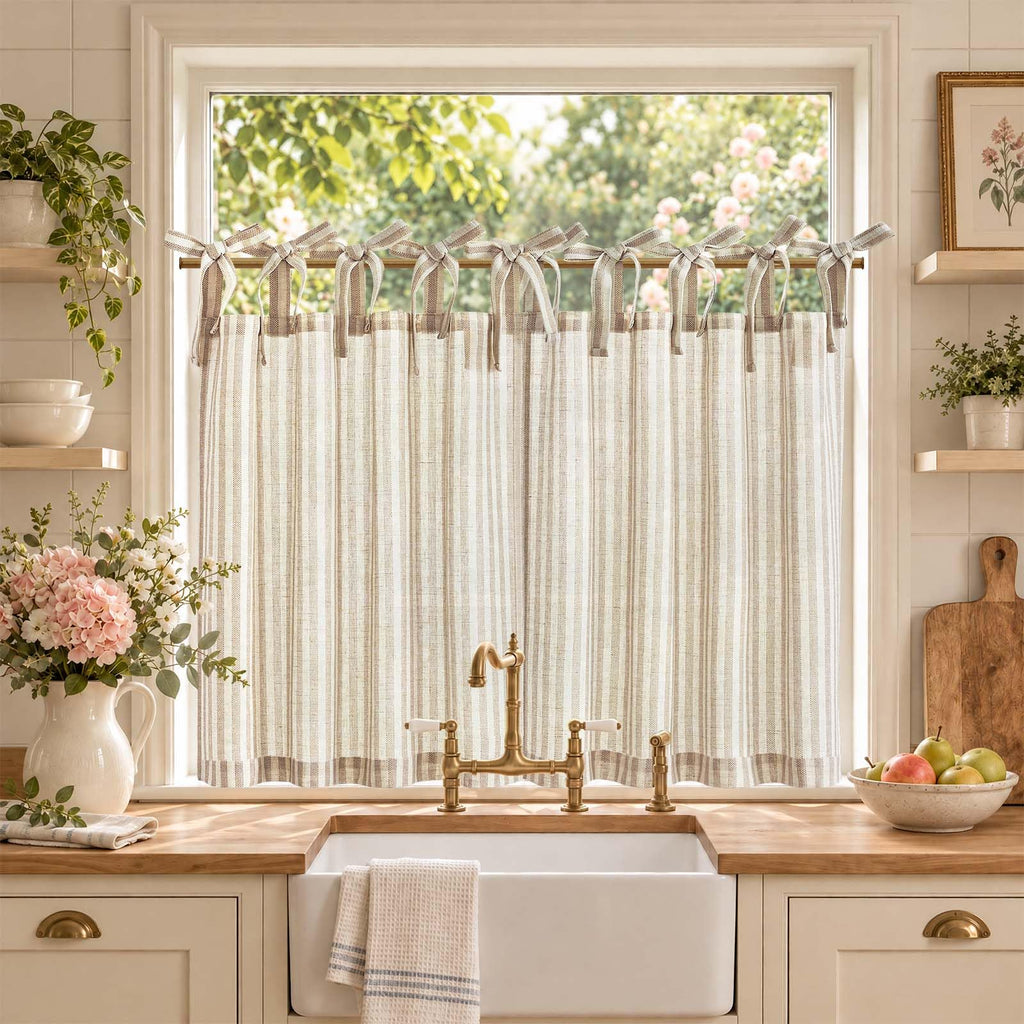 jinchan Striped Linen Kitchen Curtains 36 Inches Length Tier Curtains Farmhouse Modern Cafe Style Small Window Treatments Airy Light Filtering Rod Pocket for Living Room Bathroom 2 Panels Sage Green