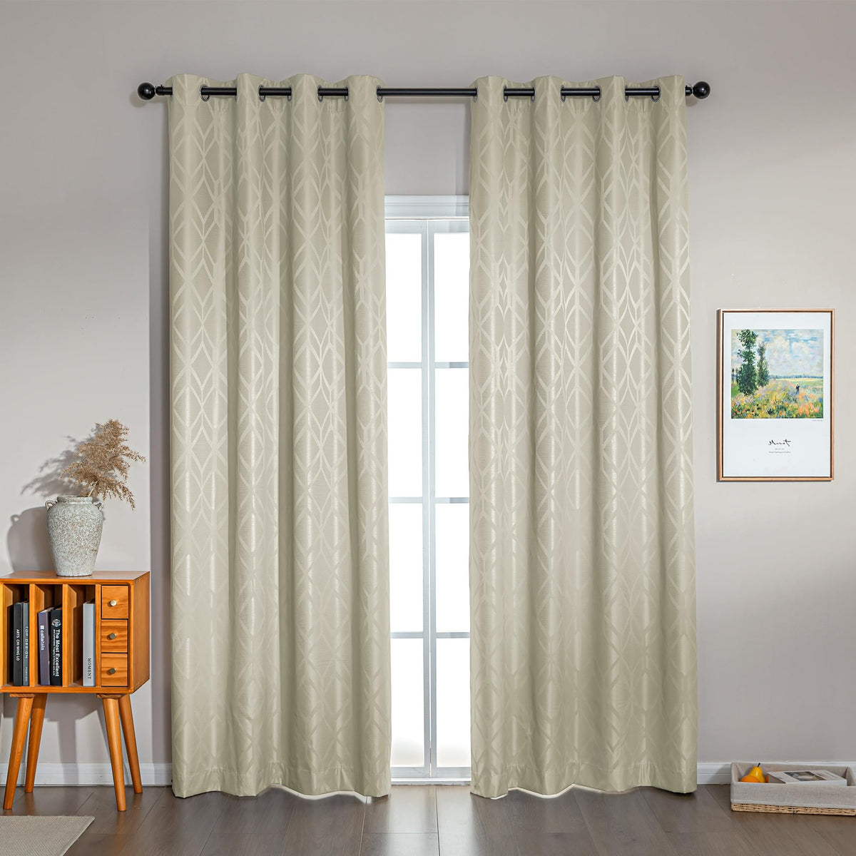 Amazon Basics Jacquard 2-Piece 100% Blackout Curtains, Living Room and Bedroom Drapes, Thermal Insulated Window Treatment, 52"x84", Beige