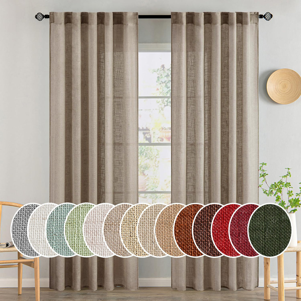 MIULEE Taupe Linen Curtains 52x84 Inch Length for Bedroom and Living Room