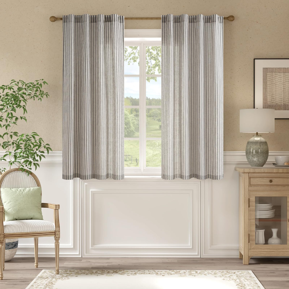 jinchan Linen Curtains 84 Inch Taupe Stripe on Linen Grommet 2 Panels