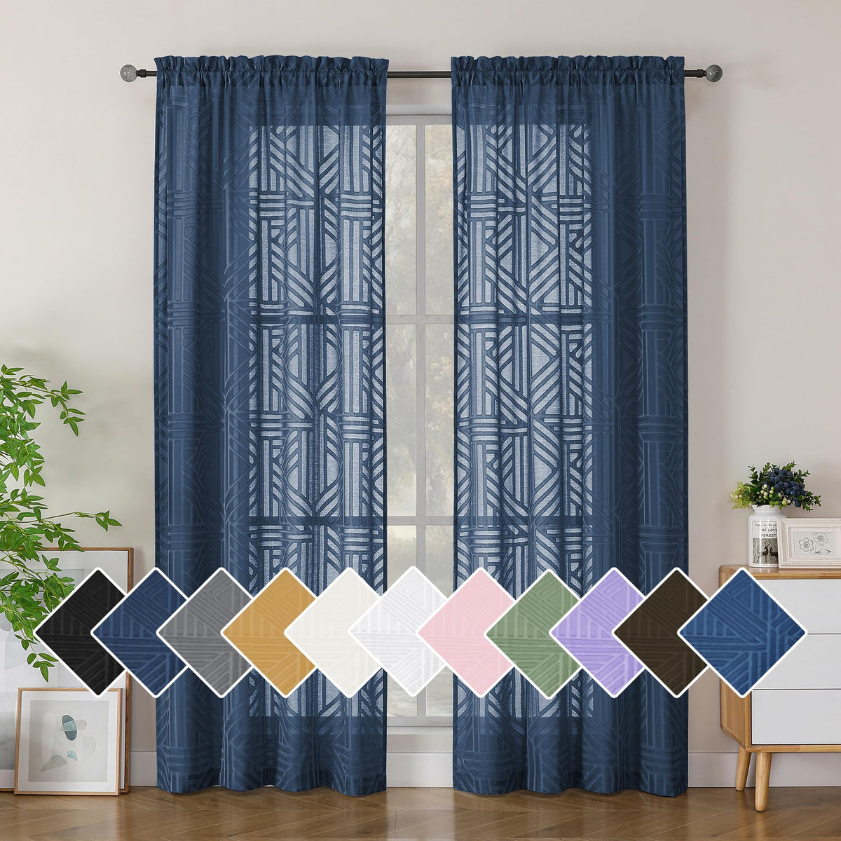 Simplebrand Dusty Blue Semi Sheer Curtains 45 Inch Length 2 Panels, Geometric Jacquard Clip Textured Short Sheer Curtains for Bedroom，Modern Elegant Window Curtains Drapes/Treatment Sheer，42x45 inch