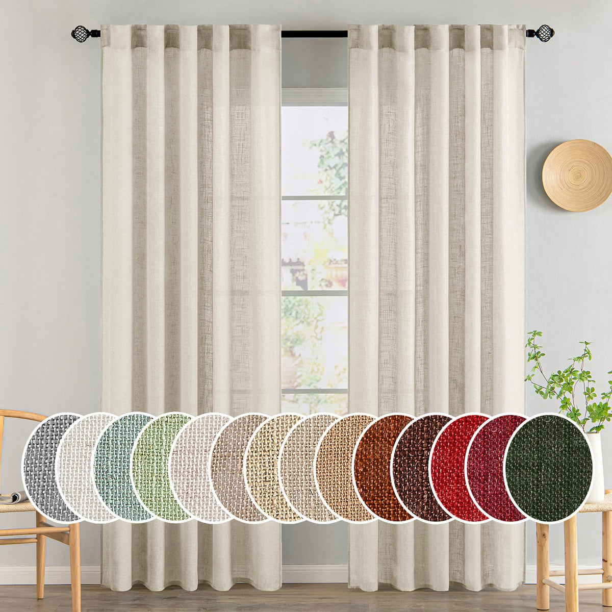 MIULEE Natural White Linen Curtains 52x96 Inch Long 2 Panels for Bedroom