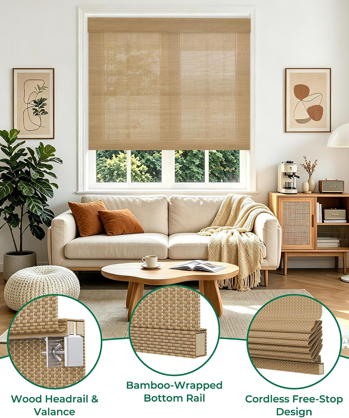 Allesin zen No Drill Cordless Bamboo Roman Shades, Light Filtering 34.5" W x 64" H, Brown