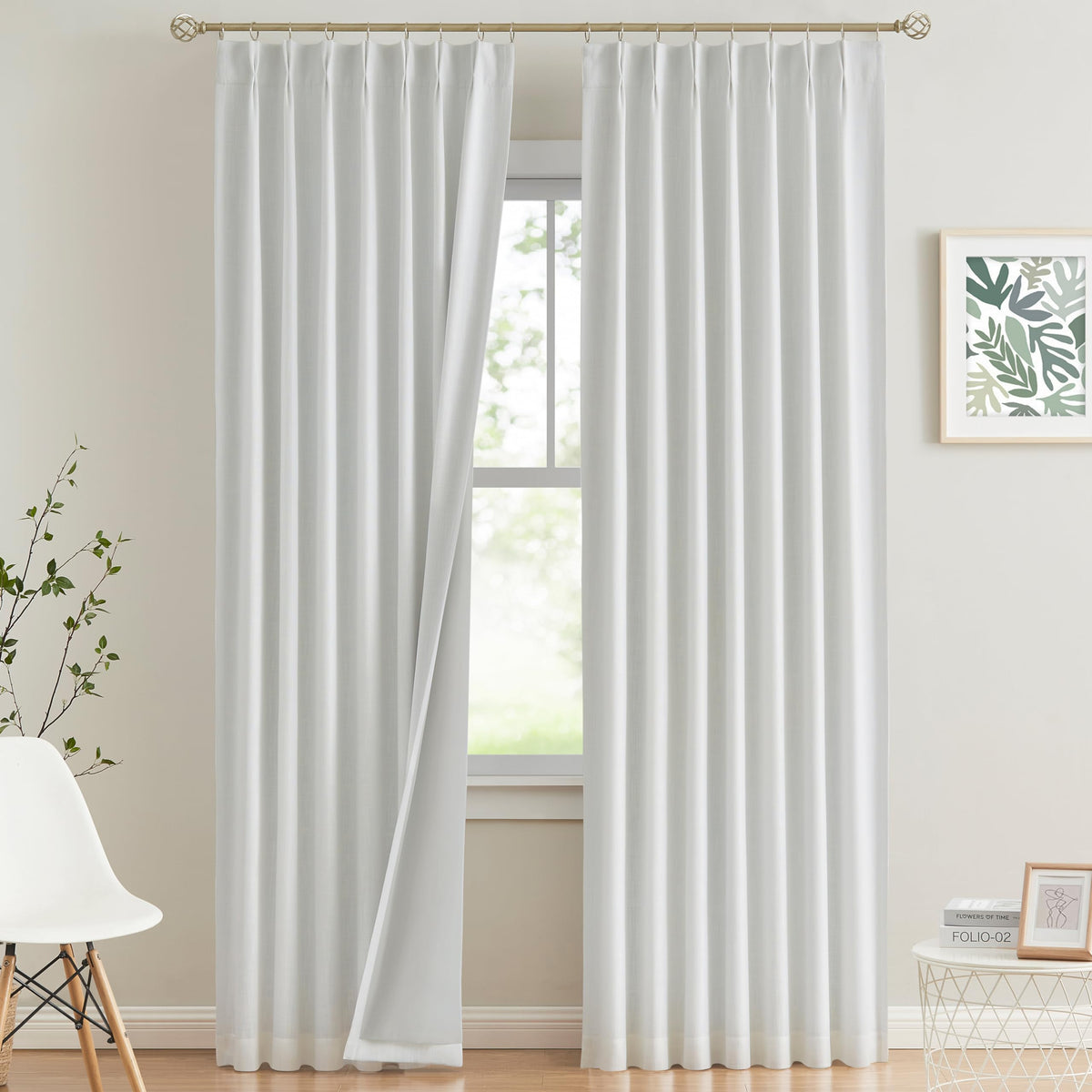 Vision Home Natural Pinch Pleated Full Blackout Curtains Linen Blended Room Darkening Window Curtains 95 inch for Living Room Bedroom Thermal Insulated Pinch Pleat Drapes with Hooks 2 Panel 40"Wx95"L