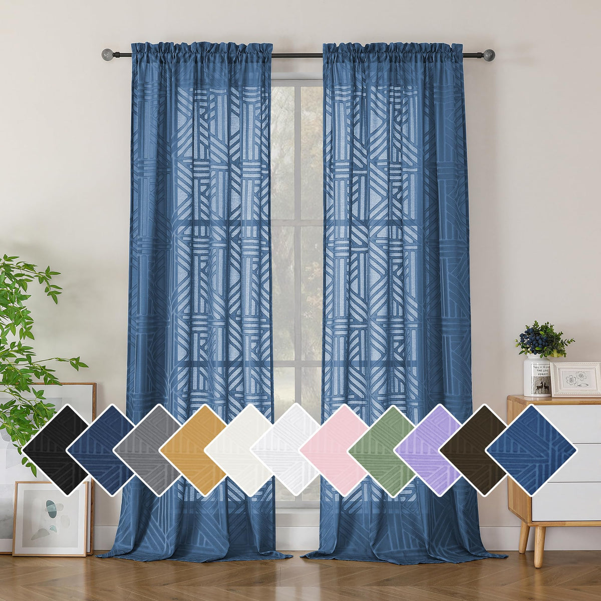 Simplebrand Dusty Blue Semi Sheer Curtains 45 Inch Length 2 Panels, Geometric Jacquard Clip Textured Short Sheer Curtains for Bedroom，Modern Elegant Window Curtains Drapes/Treatment Sheer，42x45 inch