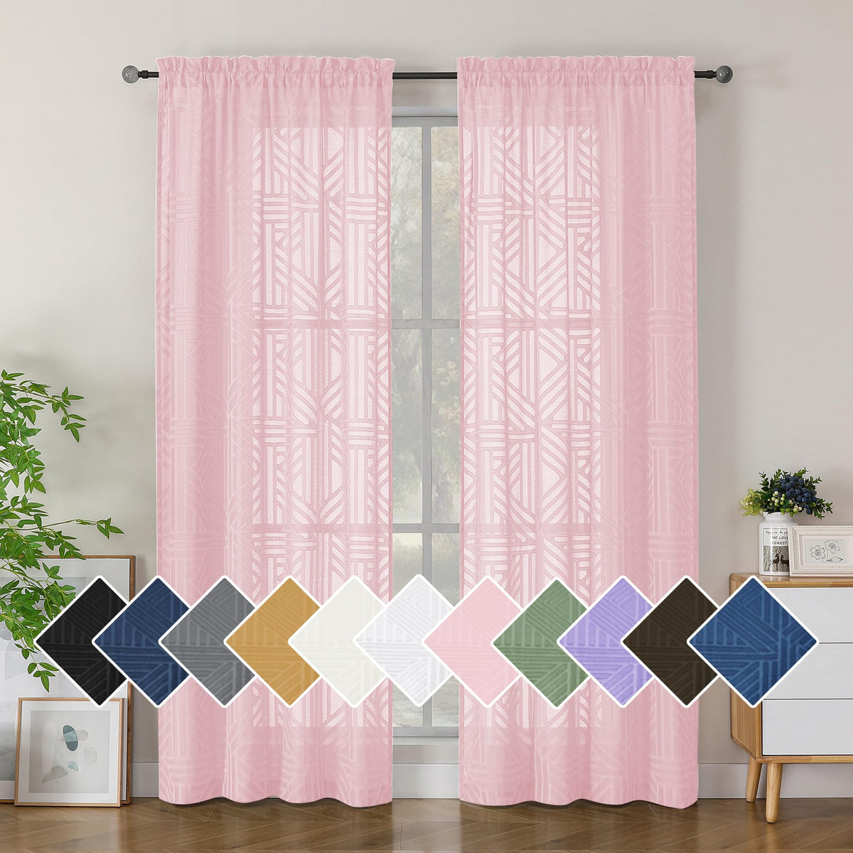 Simplebrand Dusty Blue Semi Sheer Curtains 45 Inch Length 2 Panels, Geometric Jacquard Clip Textured Short Sheer Curtains for Bedroom，Modern Elegant Window Curtains Drapes/Treatment Sheer，42x45 inch