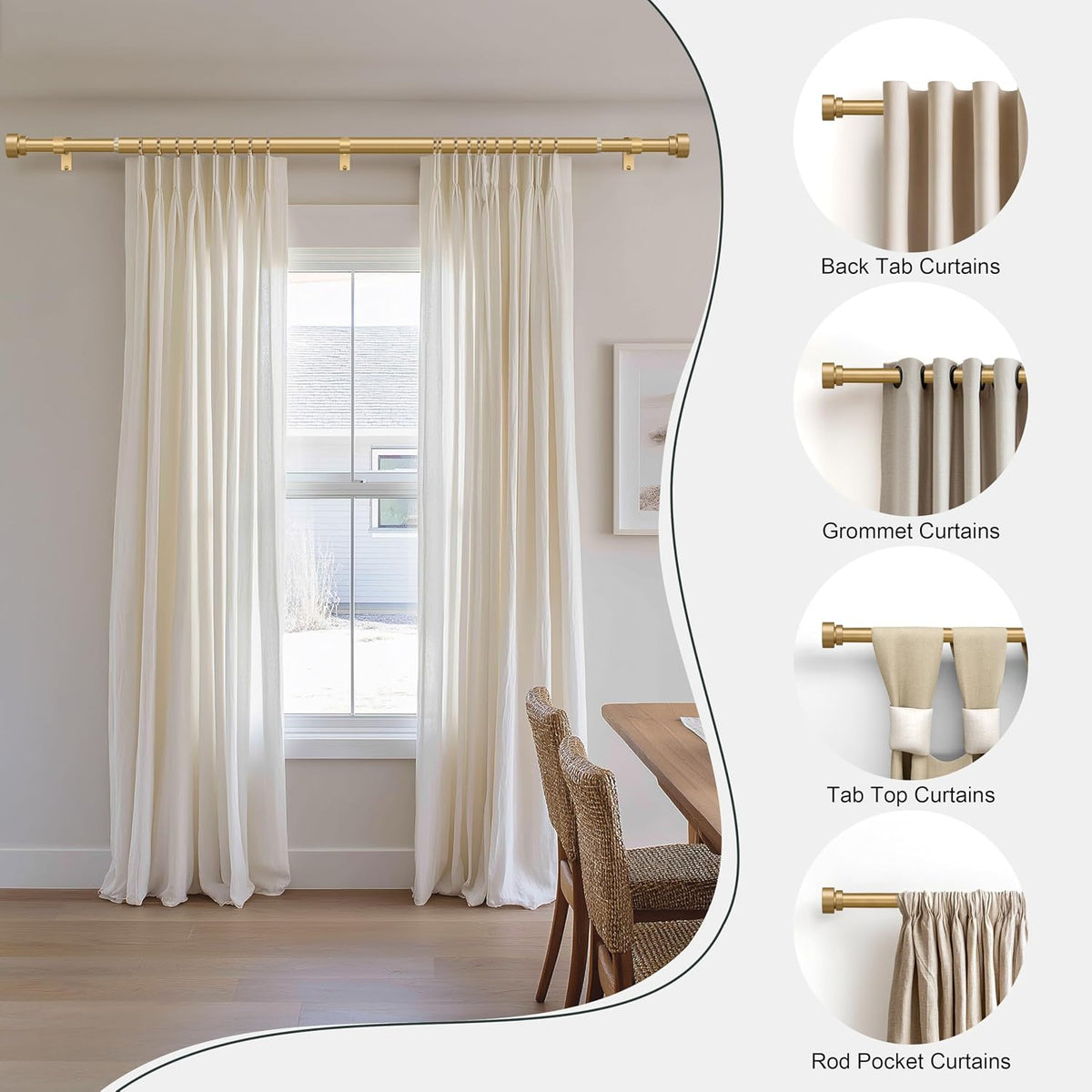 PORTRES Gold Heavy Duty Curtain Rods for Windows 66 to 120 Inches Adjustable Length 1" Diameter Brass Curtain Rod with Modern Decorative Finials for Outdoor Bedroom Kitchen Living Room