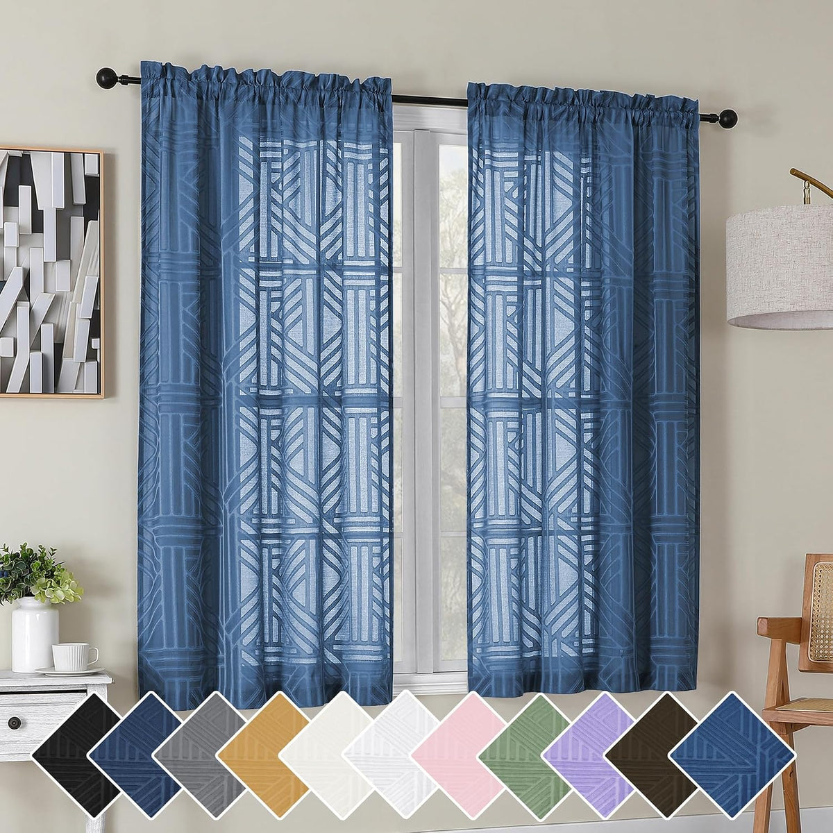 Simplebrand Dusty Blue Semi Sheer Curtains 45 Inch Length 2 Panels, Geometric Jacquard Clip Textured Short Sheer Curtains for Bedroom，Modern Elegant Window Curtains Drapes/Treatment Sheer，42x45 inch