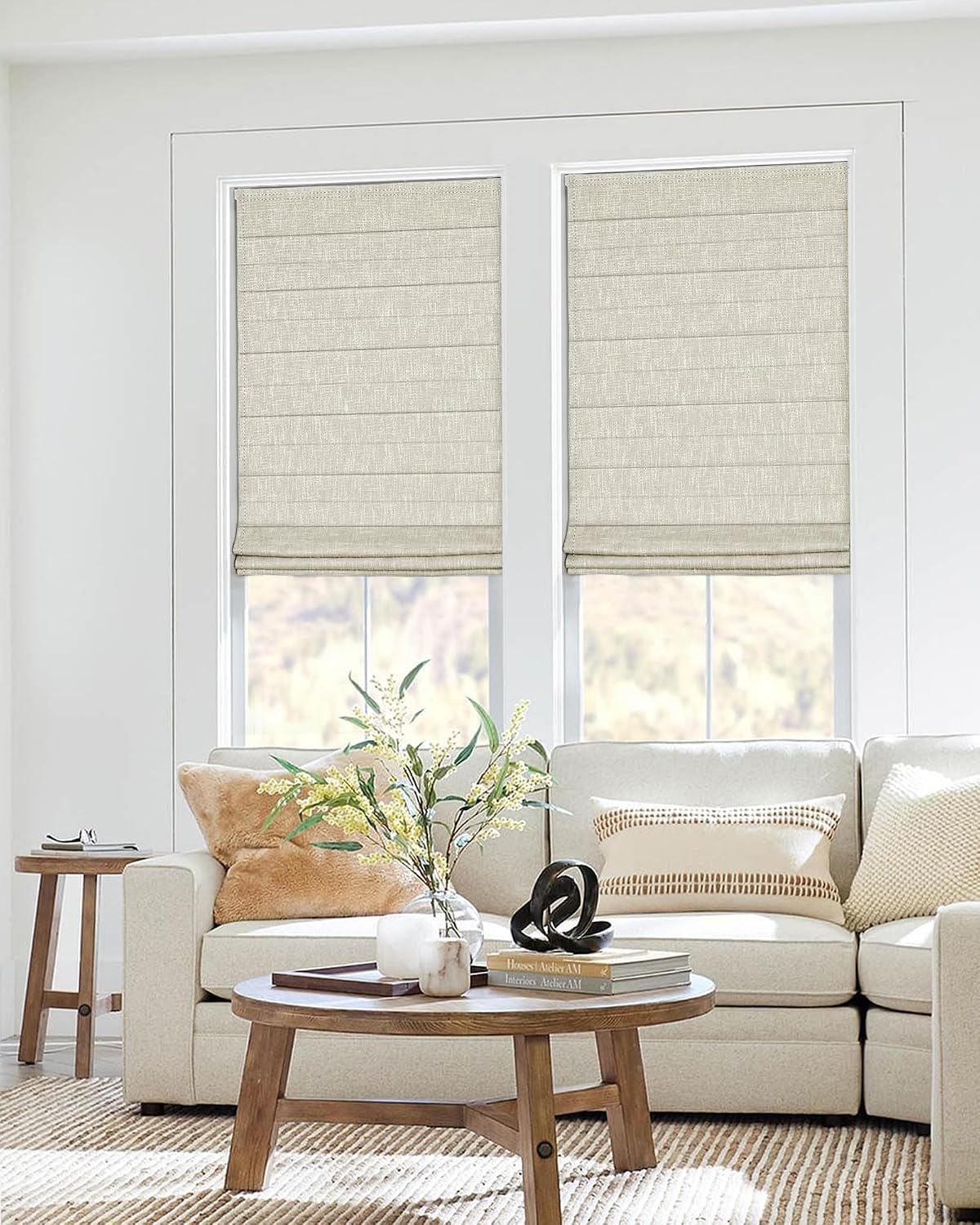UNISHADES No Drill Cordless Roman Shades, Room Darkening, 35×64 in Beige