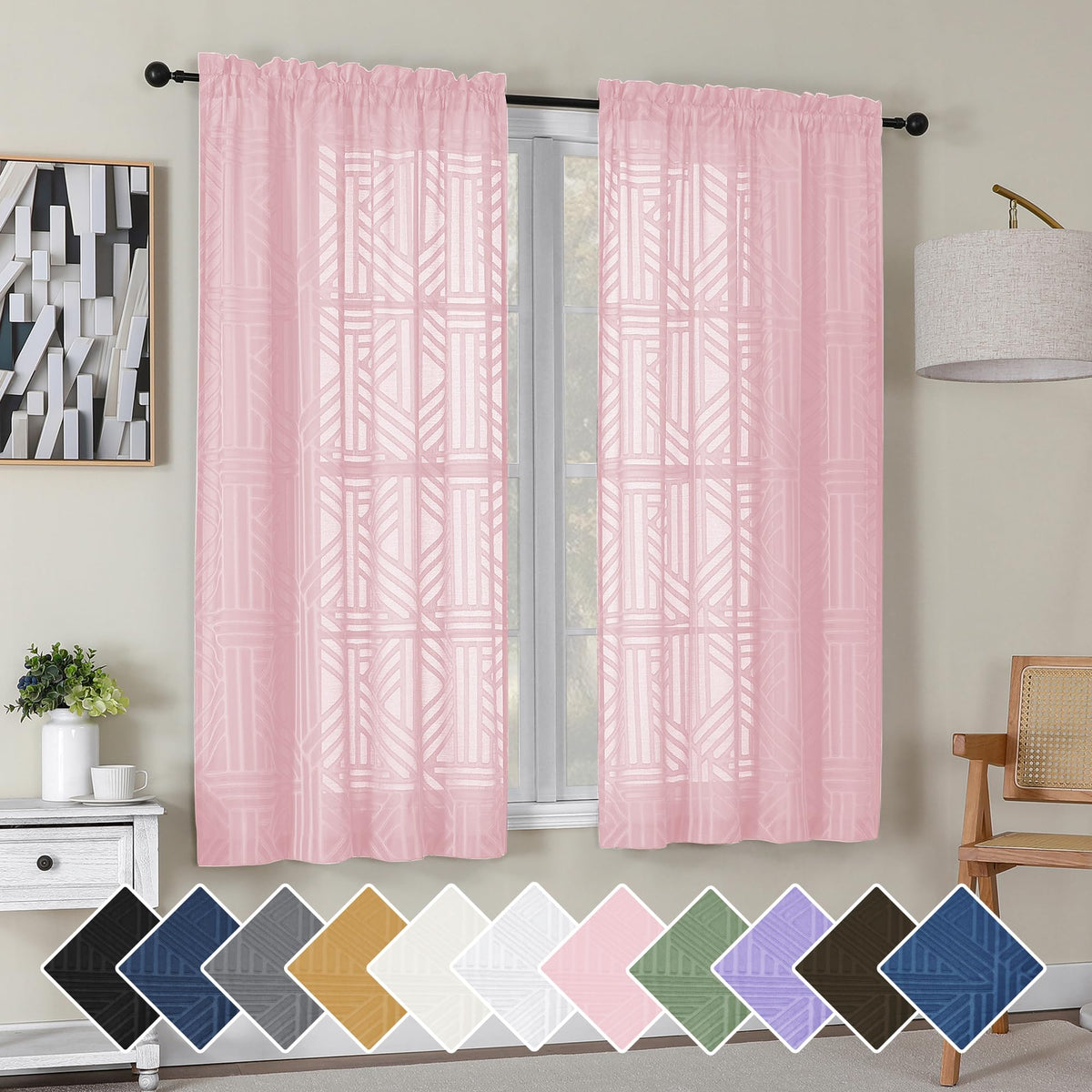 Simplebrand Dusty Blue Semi Sheer Curtains 45 Inch Length 2 Panels, Geometric Jacquard Clip Textured Short Sheer Curtains for Bedroom，Modern Elegant Window Curtains Drapes/Treatment Sheer，42x45 inch