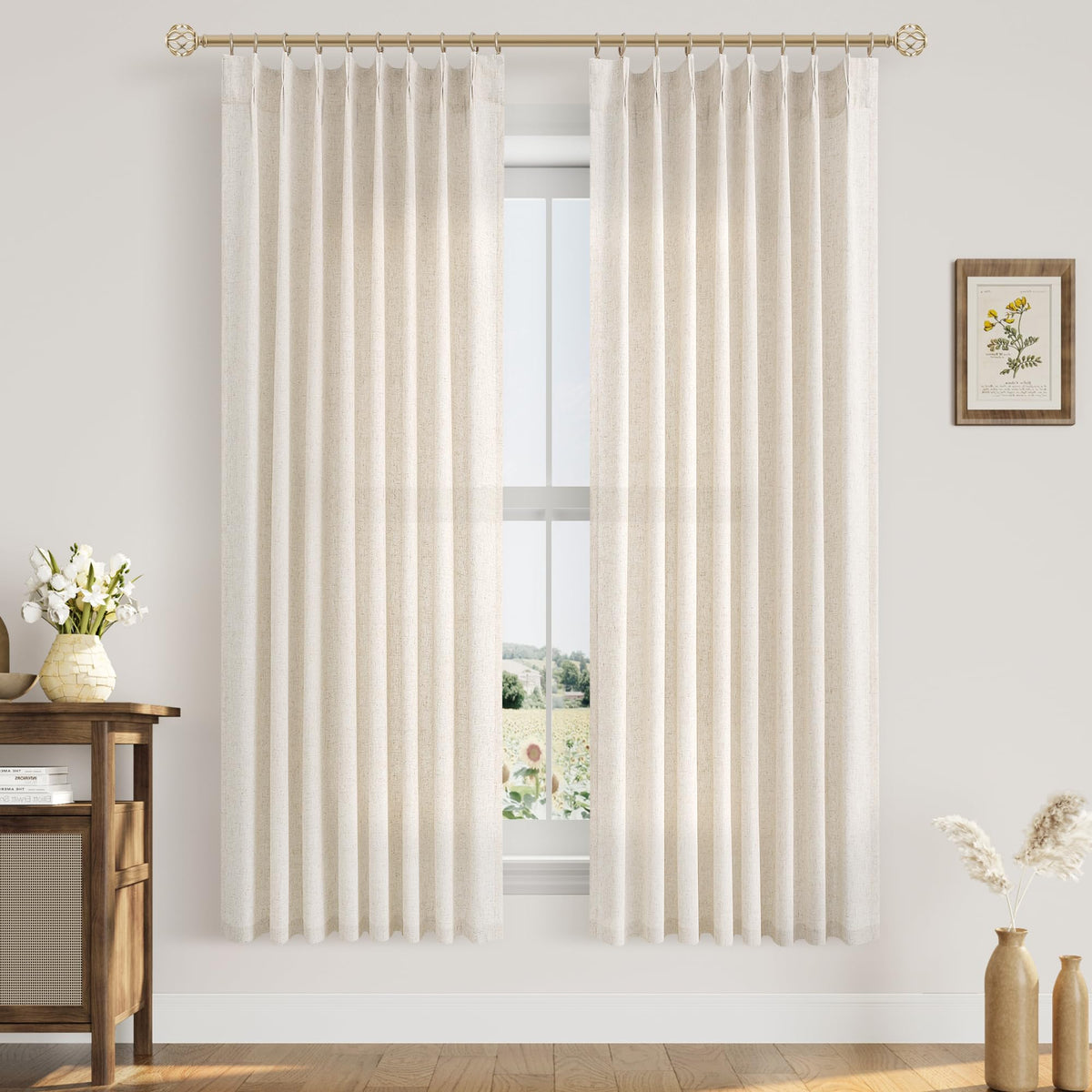 Aersas Linen Pinch Pleated Curtains 84 Inch Length 2 Panels Set for Living Room Cream Semi Sheer Window Curtain for Bedroom Boho Farmhouse Neutral Back Tab Drape Decor with Hooks, Natural Beige Ivory