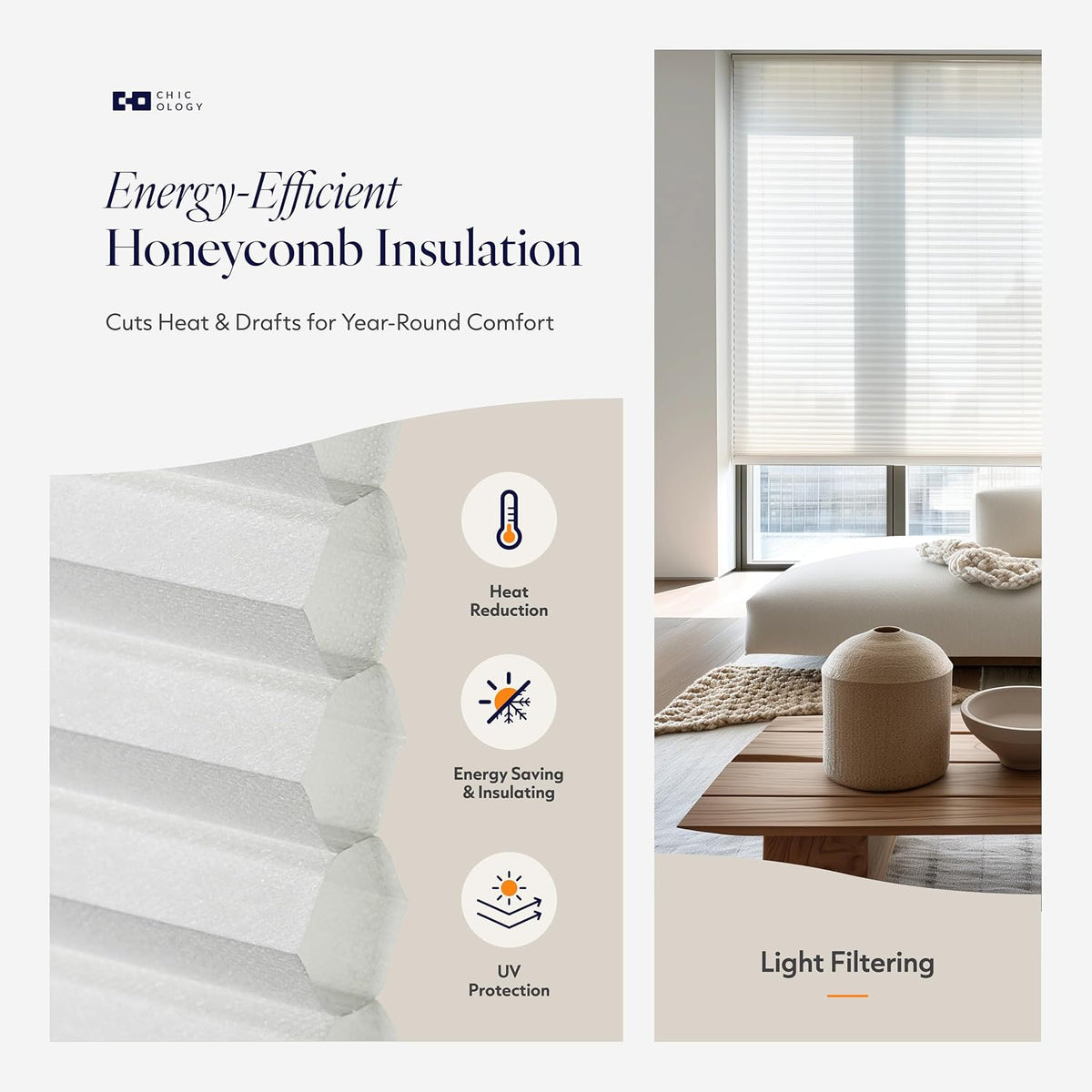 CHICOLOGY Cordless Cellular Shades, Room Darkening, Mist, 46x48