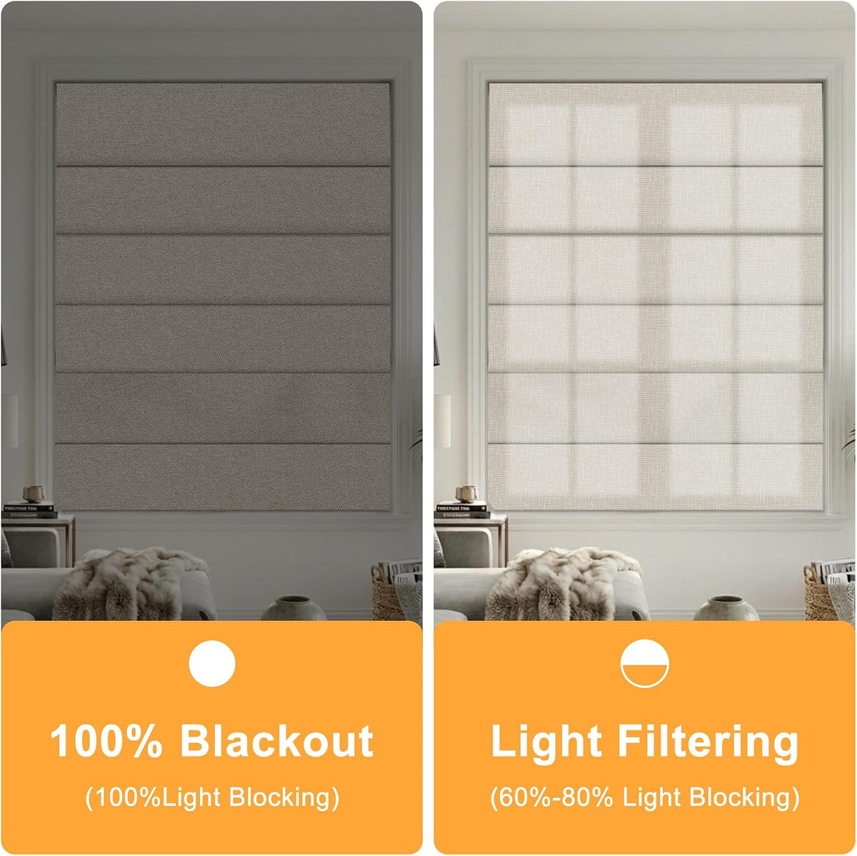 BERISSA Blackout Roman Shades for Indoor Windows Cordless,Pull Down Linen Fabric Roman Blinds,Privacy Window Shades for Door Windows,Bedroom,Office,Easy to Install,Light Brown,46" W x 48" H