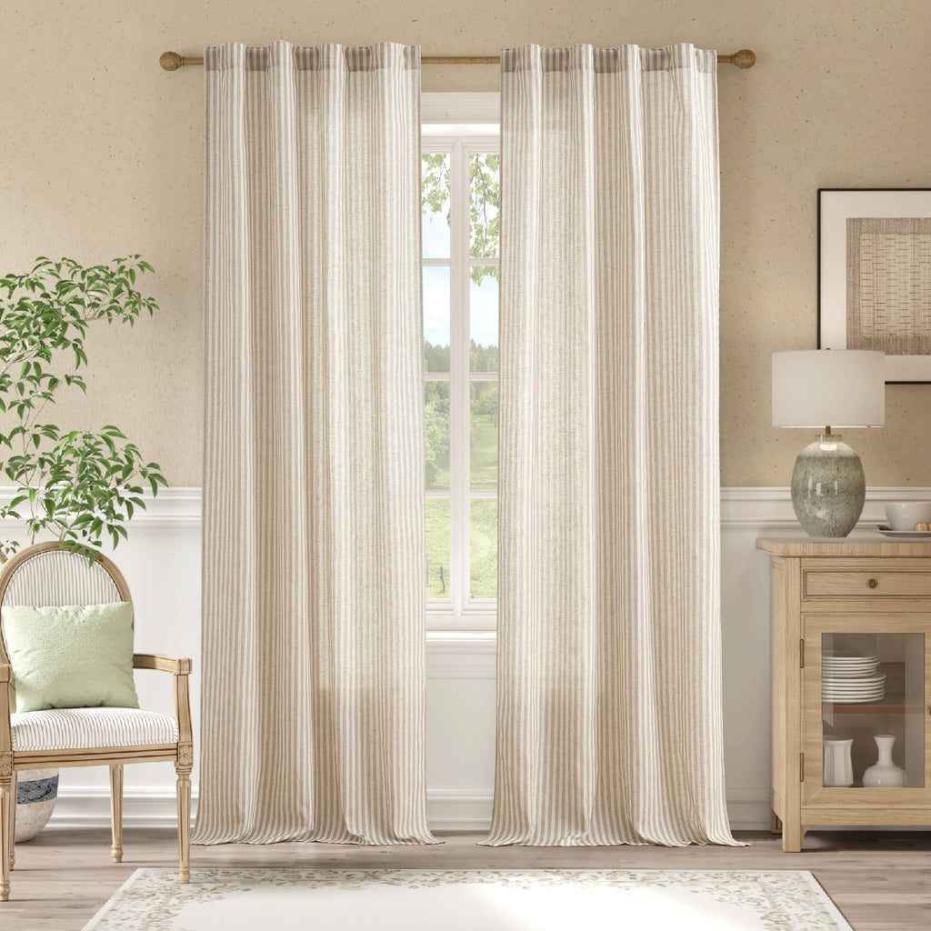 jinchan Linen Curtains 84 Inch Taupe Stripe on Linen Grommet 2 Panels