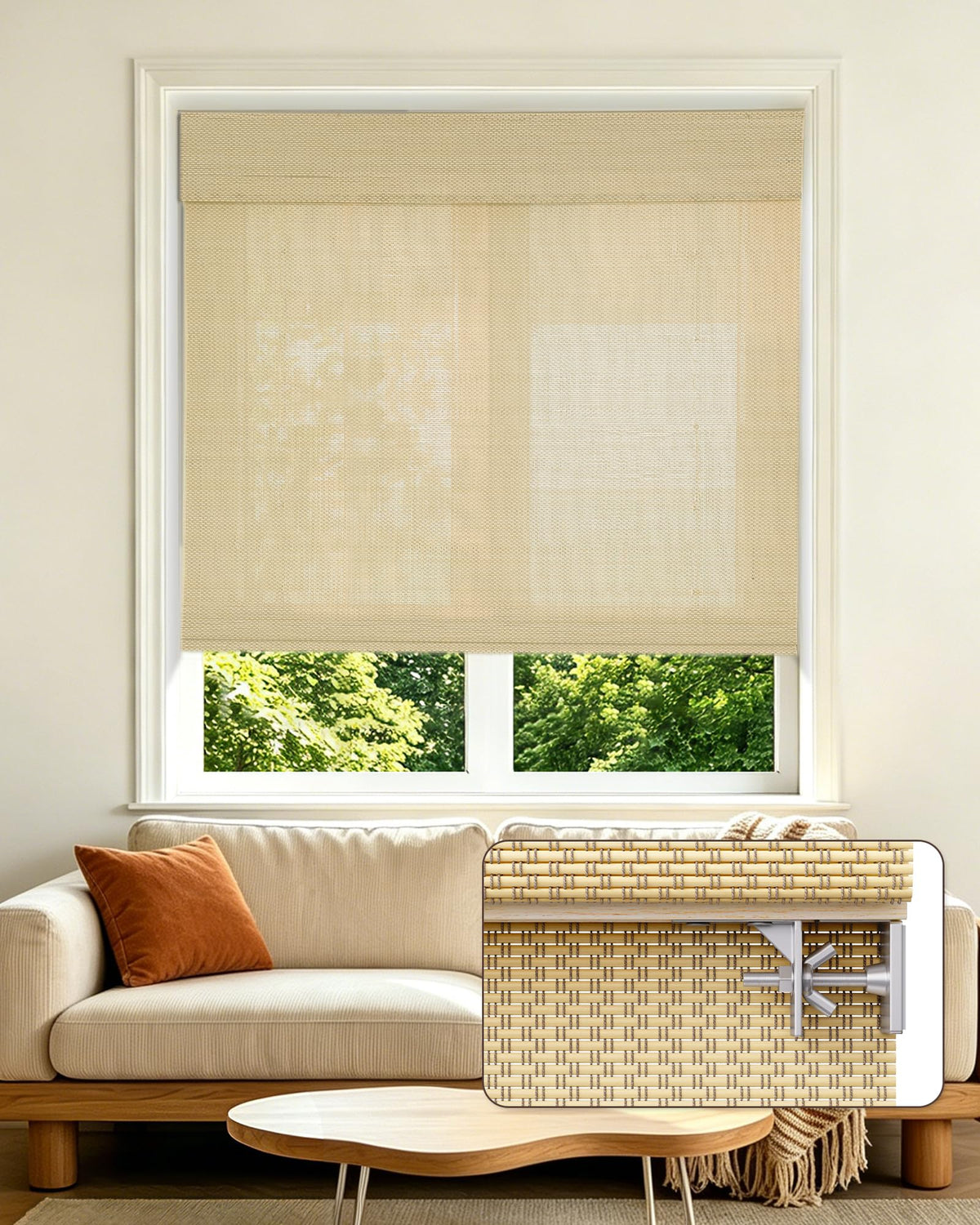 Allesin zen No Drill Cordless Bamboo Roman Shades, Light Filtering 34.5" W x 64" H, Brown
