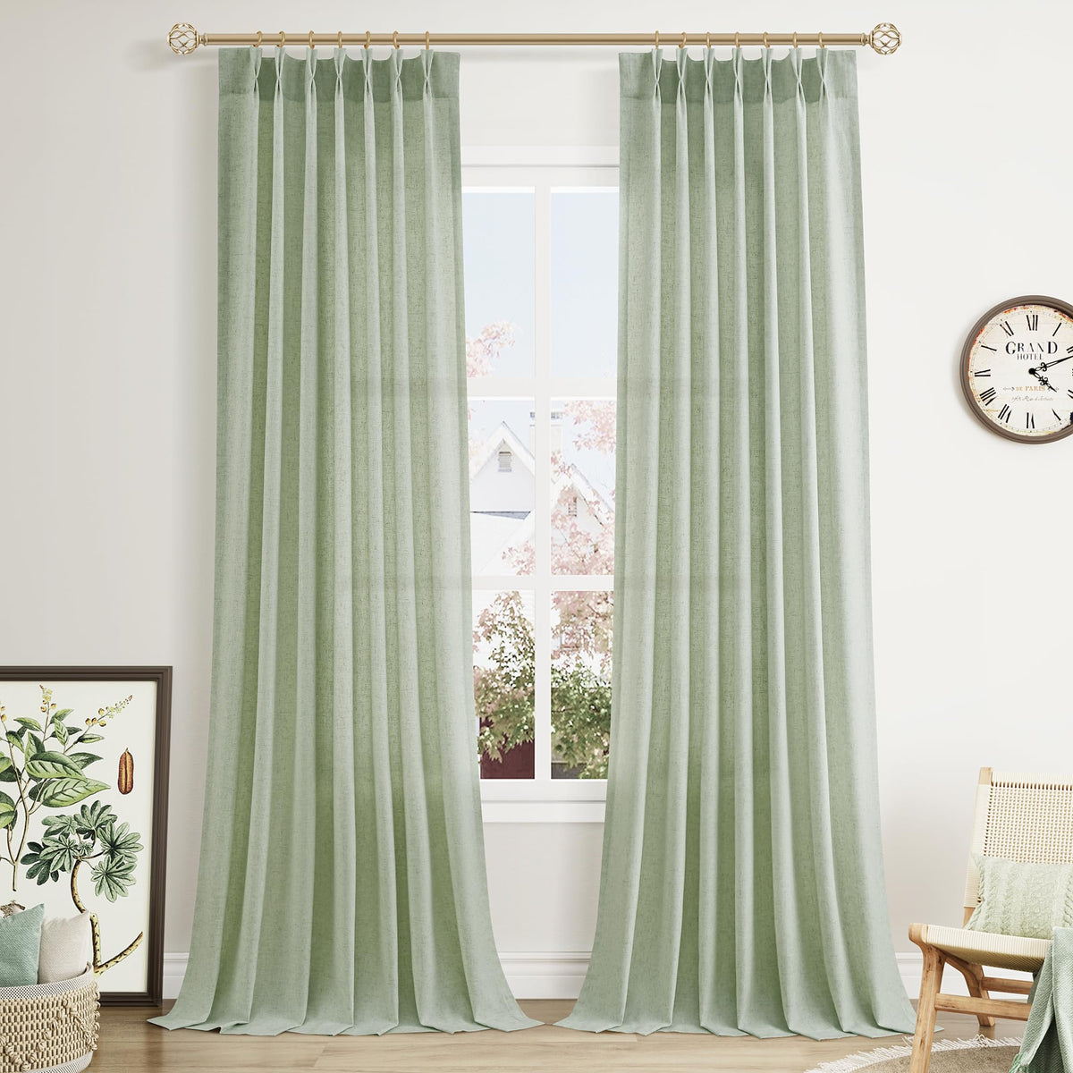 Aersas Linen Pinch Pleated Curtains 84 Inch Length 2 Panels Set for Living Room Cream Semi Sheer Window Curtain for Bedroom Boho Farmhouse Neutral Back Tab Drape Decor with Hooks, Natural Beige Ivory