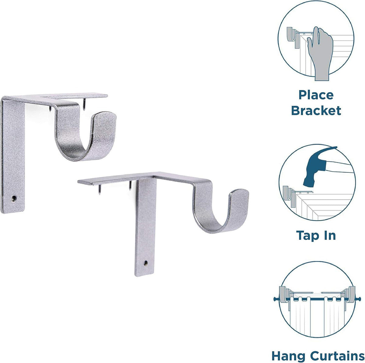 Kwik-Hang Single Curtain Rod Brackets – No Drill, No Damage – Perfect Curtains Every Time – 1” Silver