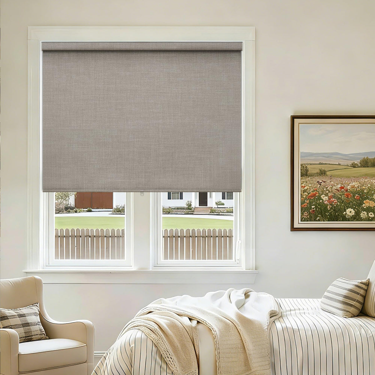 Blackout Roller Shades for Bedroom Window Cordless Free-Stop Blinds with Valance UV Protection 100% Black Out Linen Shades Blinds for Indoor Bathroom Windows Living Room Beige Oatmeal 34" W x 72" H