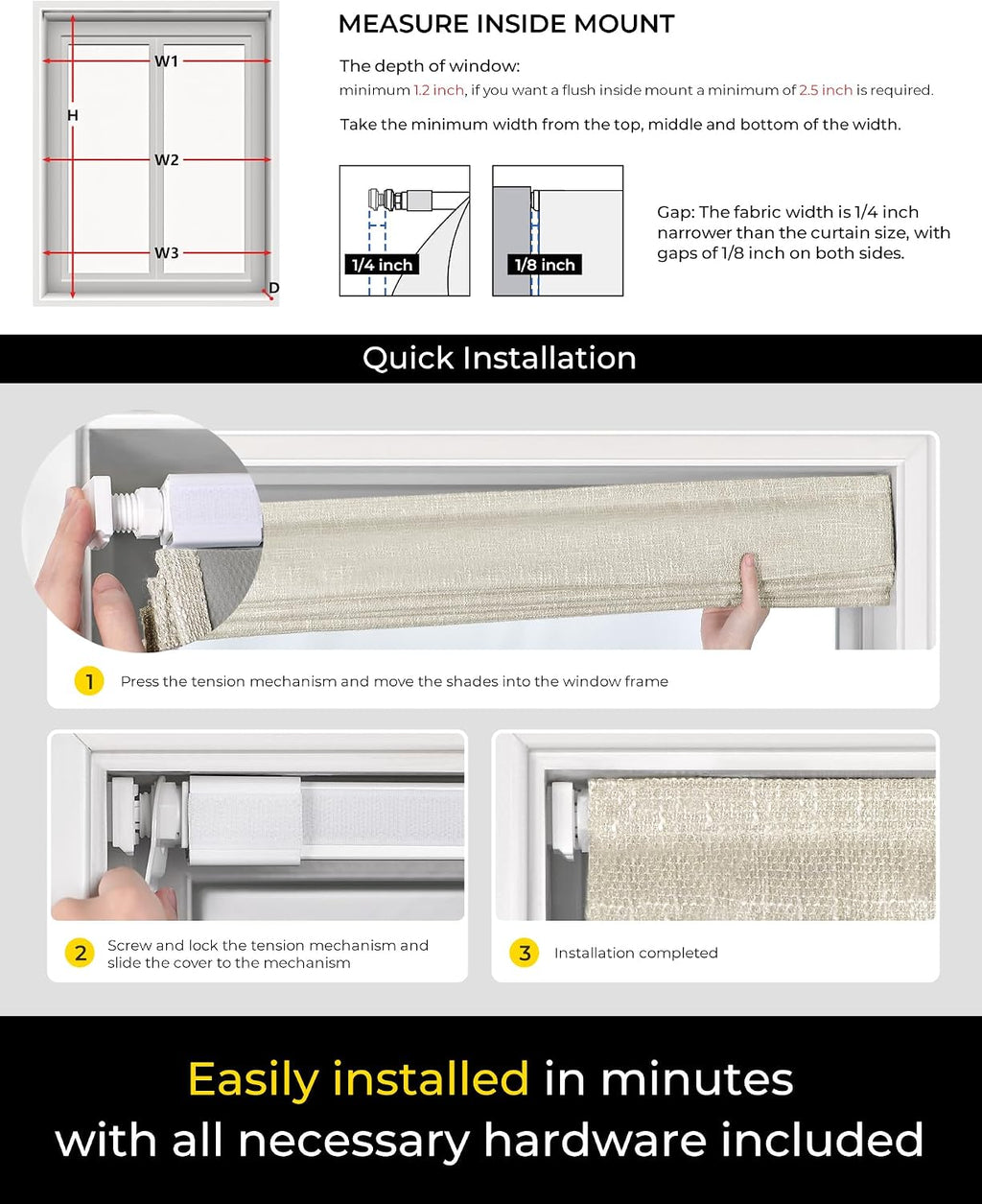 UNISHADES No Drill Cordless Roman Shades, Room Darkening, 35×64 in Beige
