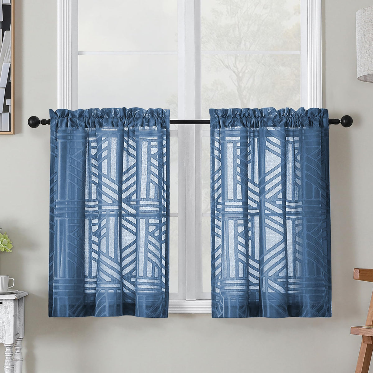 Simplebrand Dusty Blue Semi Sheer Curtains 45 Inch Length 2 Panels, Geometric Jacquard Clip Textured Short Sheer Curtains for Bedroom，Modern Elegant Window Curtains Drapes/Treatment Sheer，42x45 inch