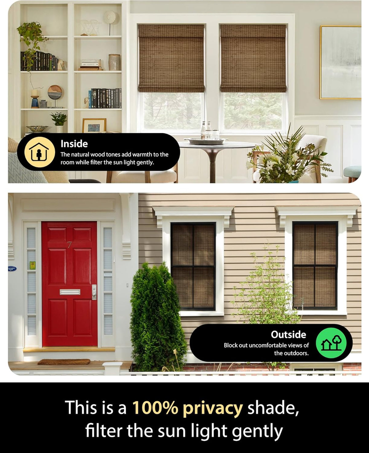 UNISHADES Bamboo Roman Shades w/Valance, 36" W × 64" H, Highfield Teak