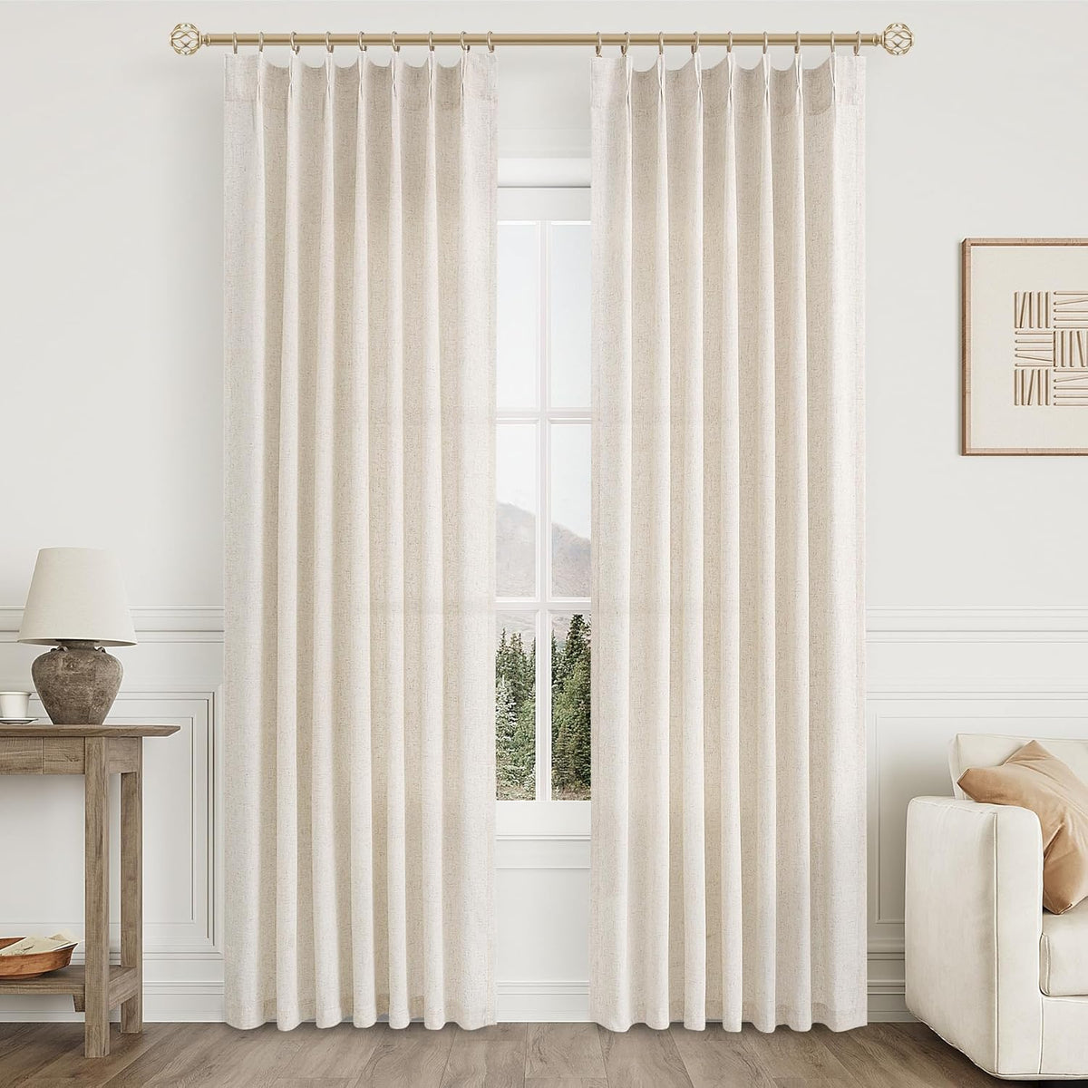 Aersas Linen Pinch Pleated Curtains 84 Inch Length 2 Panels Set for Living Room Cream Semi Sheer Window Curtain for Bedroom Boho Farmhouse Neutral Back Tab Drape Decor with Hooks, Natural Beige Ivory