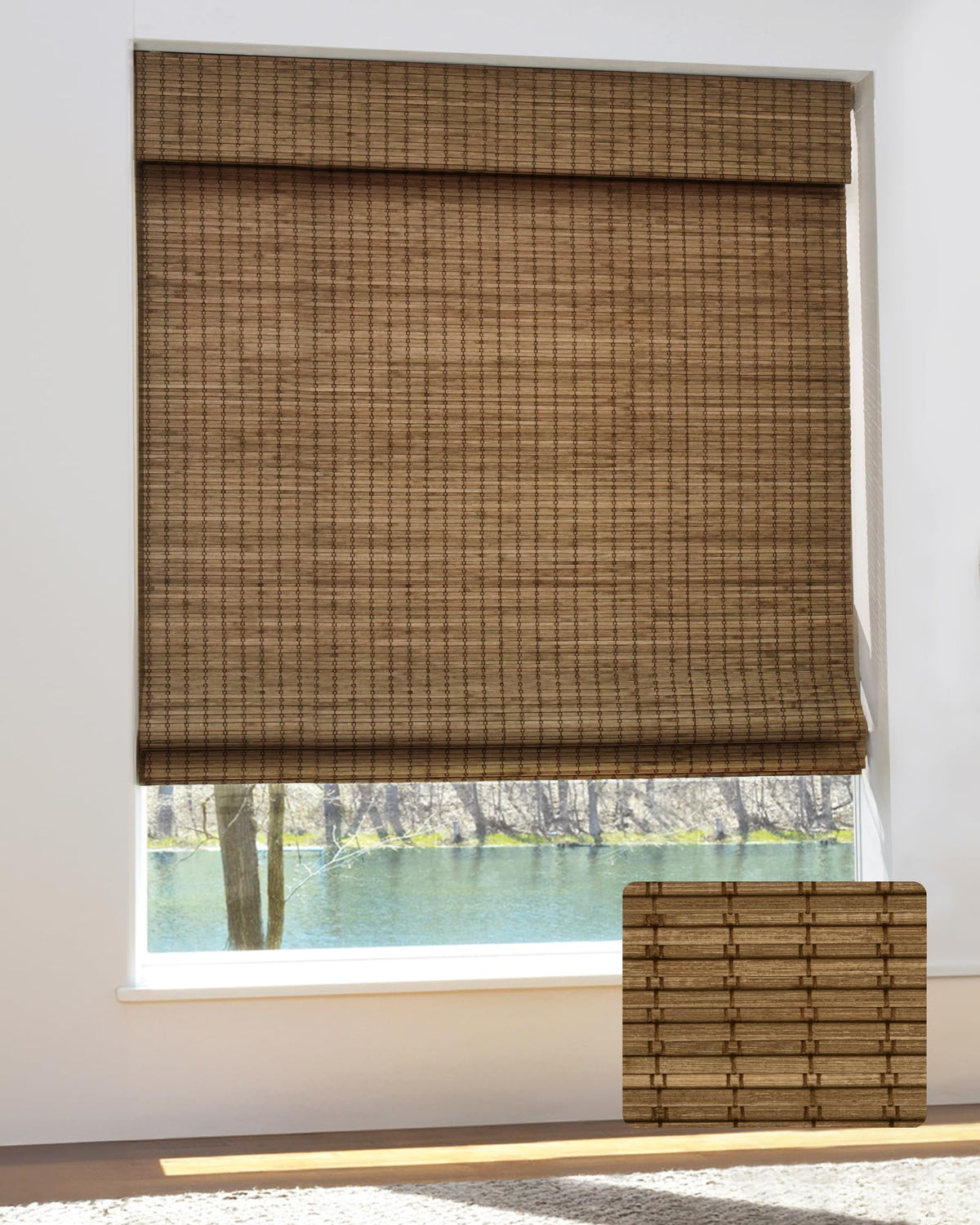 UNISHADES Bamboo Roman Shades w/Valance, 36" W × 64" H, Highfield Teak