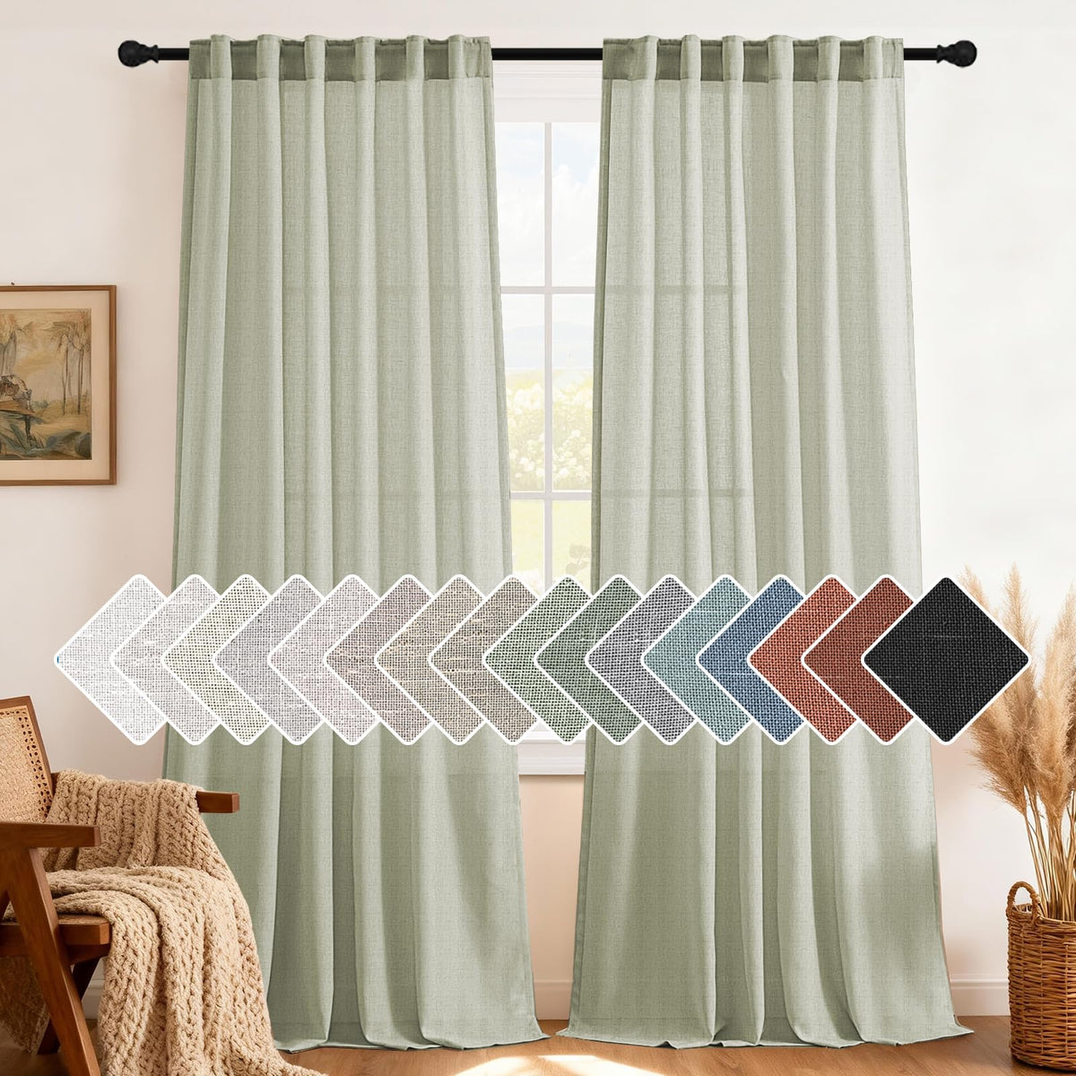 H.VERSAILTEX Natural Linen Grommet Curtains 84 Inch Length for Living Room 2 Panel Drape Semi Sheer Neutral Country Rustic Farmhouse Boho Curtain Bedroom Muslin Look Light Filtering, Heathered Natural