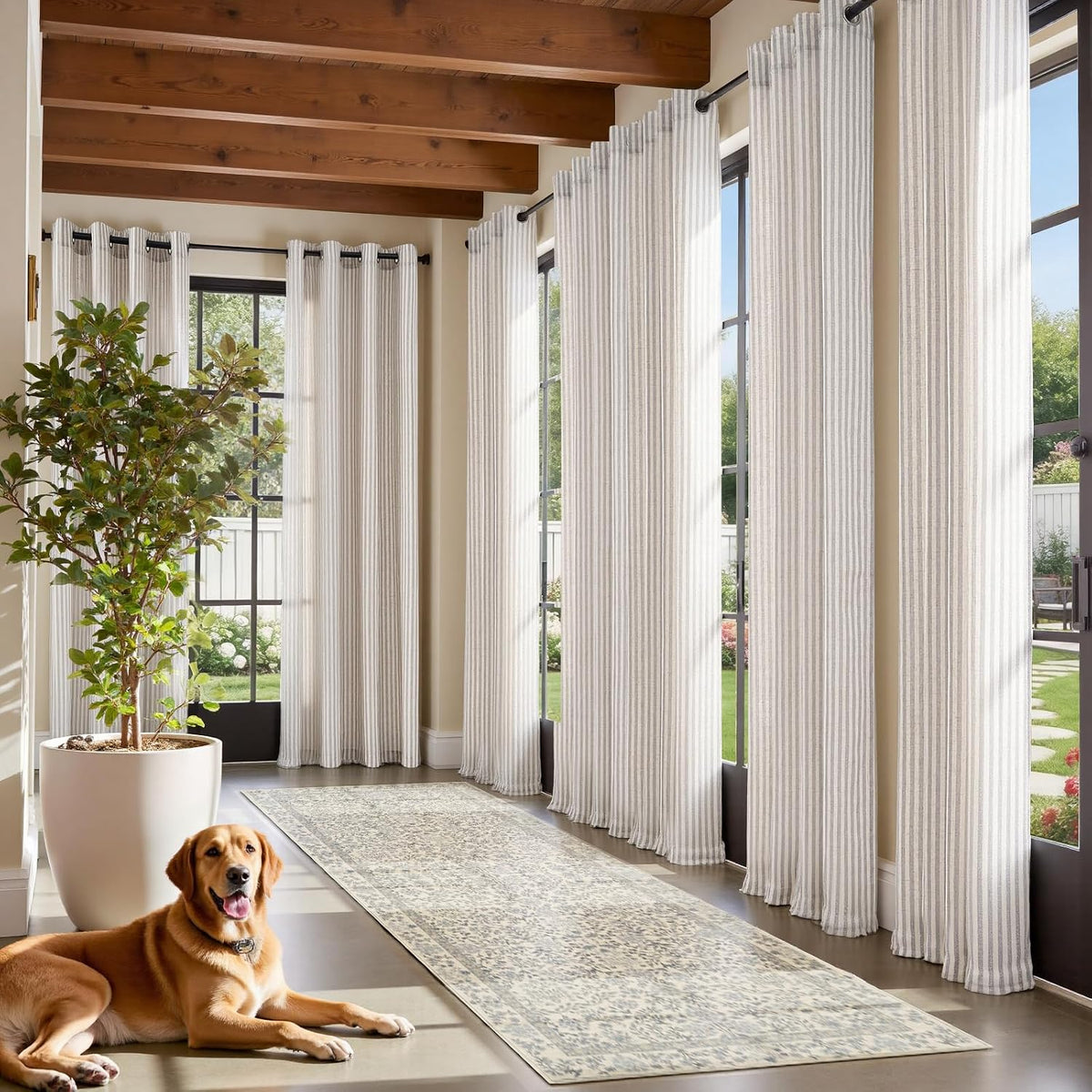 jinchan Linen Curtains 84 Inch Taupe Stripe on Linen Grommet 2 Panels