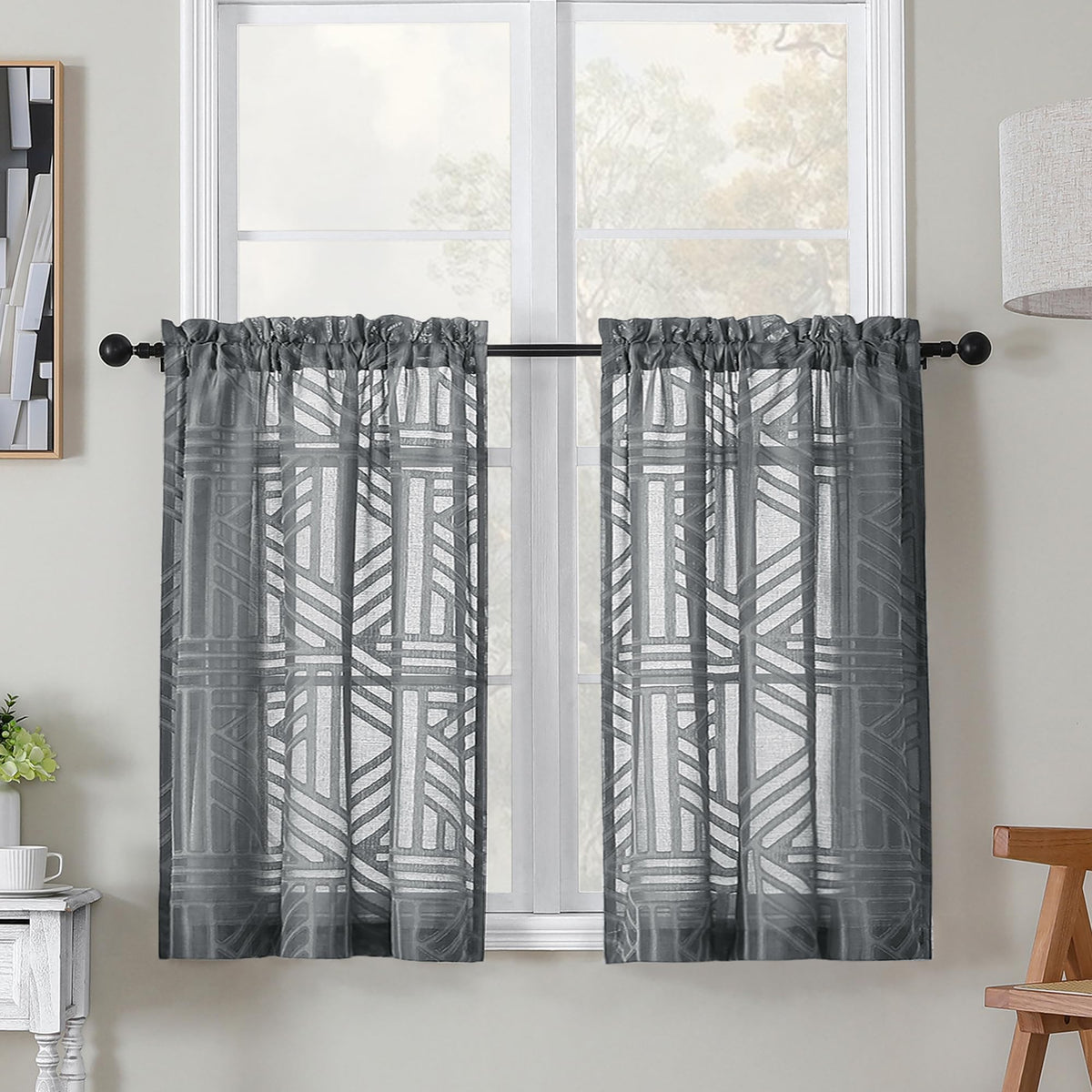 Simplebrand Dusty Blue Semi Sheer Curtains 45 Inch Length 2 Panels, Geometric Jacquard Clip Textured Short Sheer Curtains for Bedroom，Modern Elegant Window Curtains Drapes/Treatment Sheer，42x45 inch