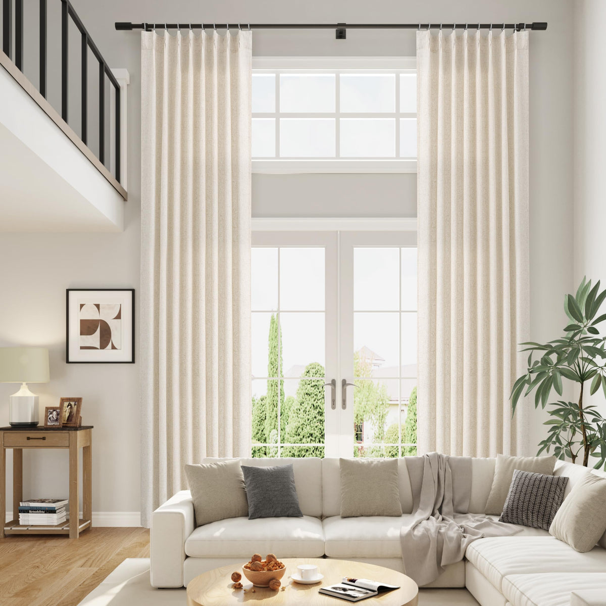 Aersas Linen Pinch Pleated Curtains 84 Inch Length 2 Panels Set for Living Room Cream Semi Sheer Window Curtain for Bedroom Boho Farmhouse Neutral Back Tab Drape Decor with Hooks, Natural Beige Ivory