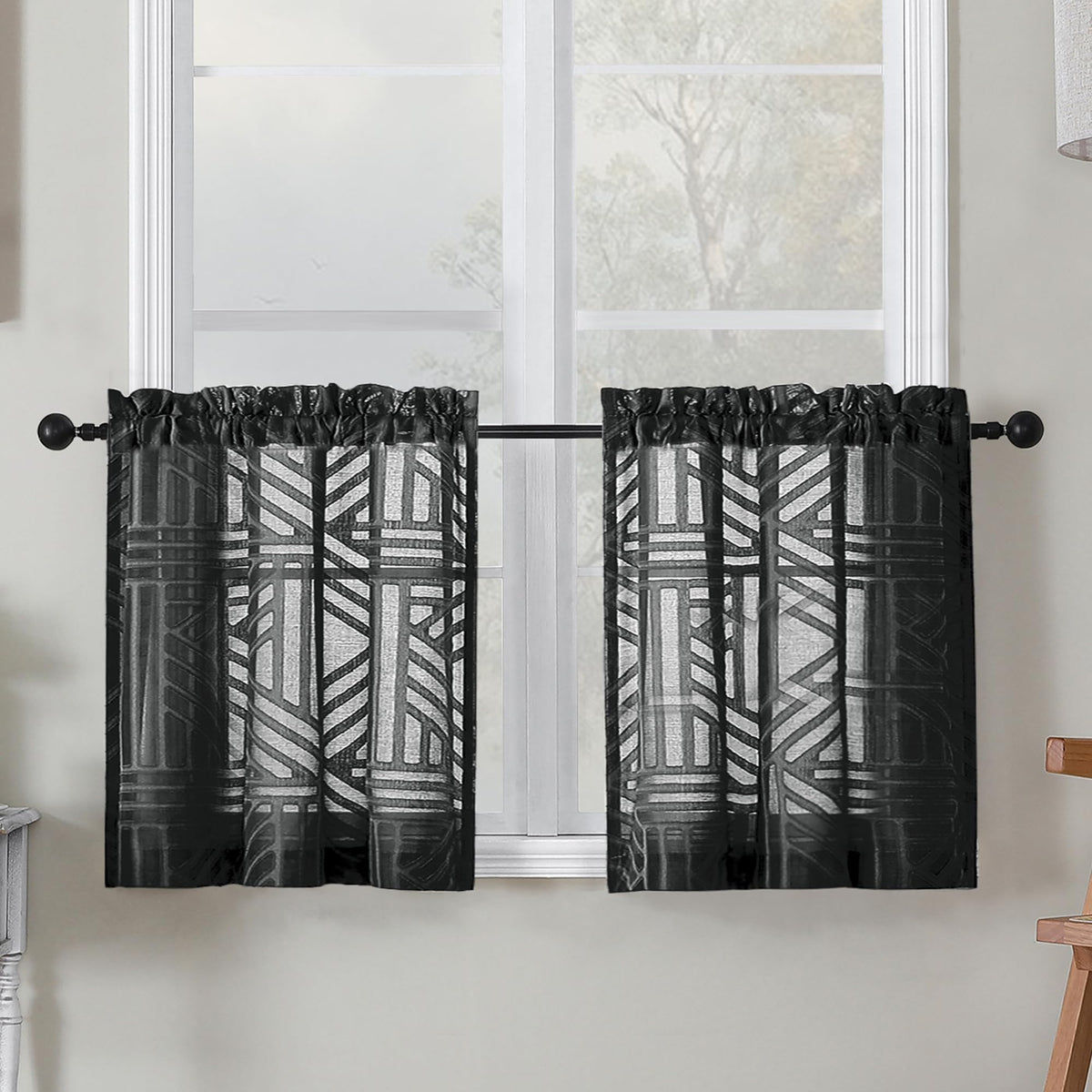 Simplebrand Dusty Blue Semi Sheer Curtains 45 Inch Length 2 Panels, Geometric Jacquard Clip Textured Short Sheer Curtains for Bedroom，Modern Elegant Window Curtains Drapes/Treatment Sheer，42x45 inch