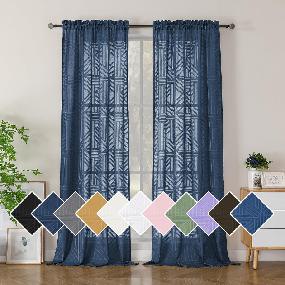 Simplebrand Dusty Blue Semi Sheer Curtains 45 Inch Length 2 Panels, Geometric Jacquard Clip Textured Short Sheer Curtains for Bedroom，Modern Elegant Window Curtains Drapes/Treatment Sheer，42x45 inch