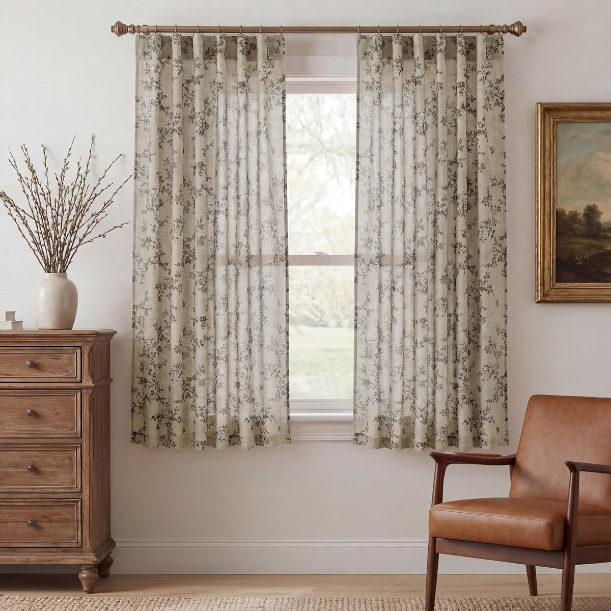 StangH Natural Linen Curtains Vintage Floral Print 108 Inch 2 Panels