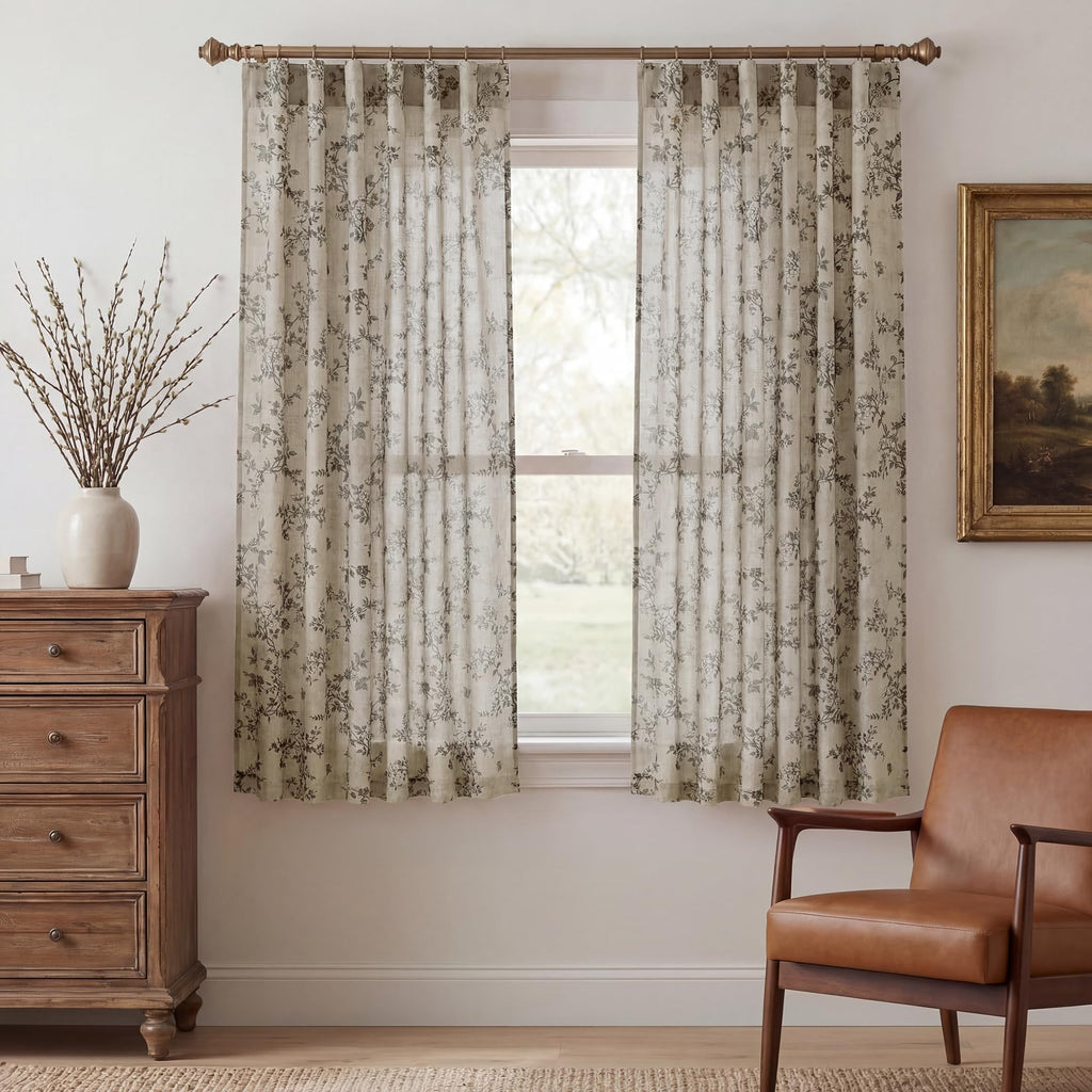 StangH Natural Linen Curtains Vintage Floral Print 108 Inch 2 Panels