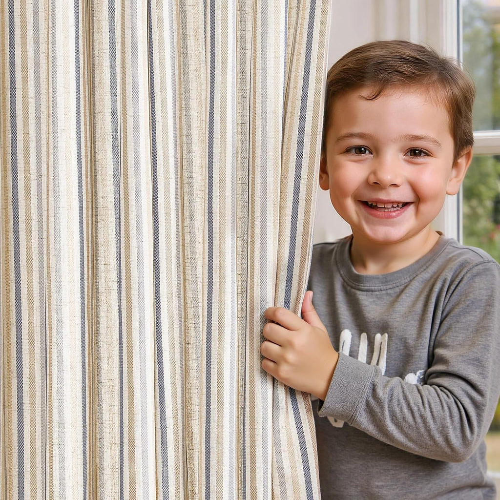 jinchan Linen Curtains 84 Inch Taupe Stripe on Linen Grommet 2 Panels