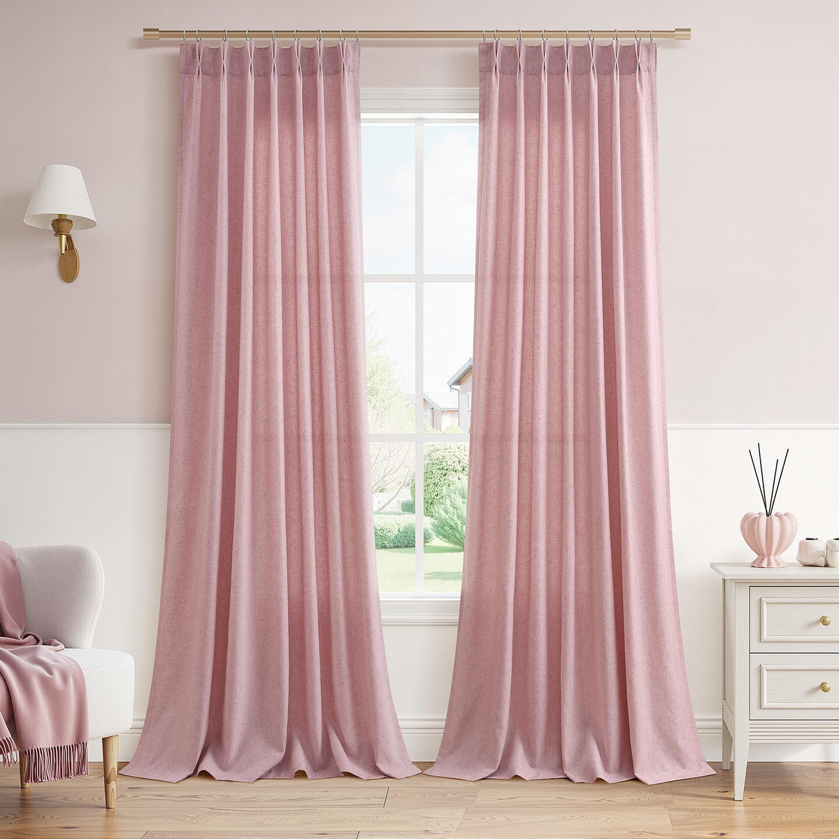 Aersas Linen Pinch Pleated Curtains 84 Inch Length 2 Panels Set for Living Room Cream Semi Sheer Window Curtain for Bedroom Boho Farmhouse Neutral Back Tab Drape Decor with Hooks, Natural Beige Ivory