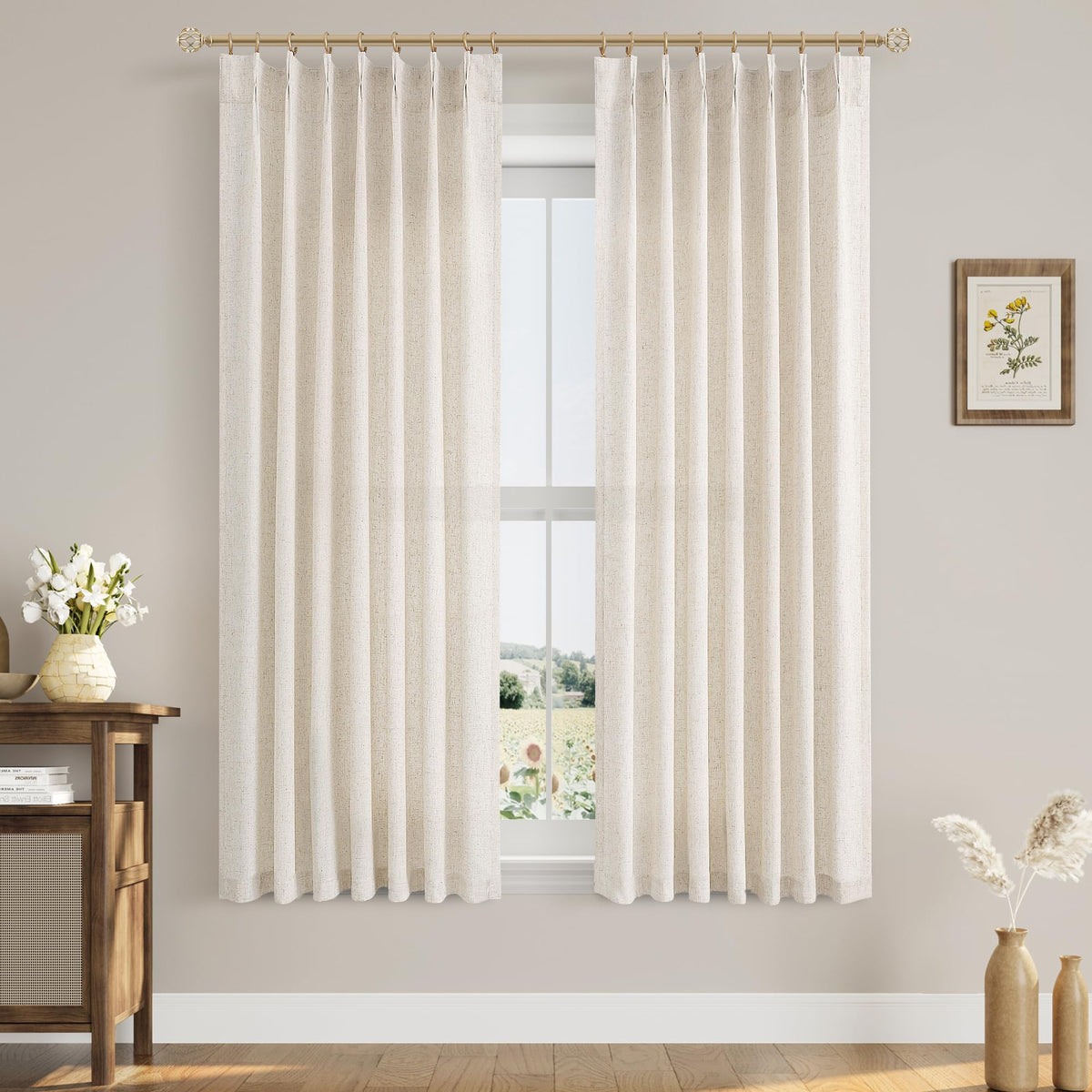 Aersas Linen Pinch Pleated Curtains 84 Inch Length 2 Panels Set for Living Room Cream Semi Sheer Window Curtain for Bedroom Boho Farmhouse Neutral Back Tab Drape Decor with Hooks, Natural Beige Ivory