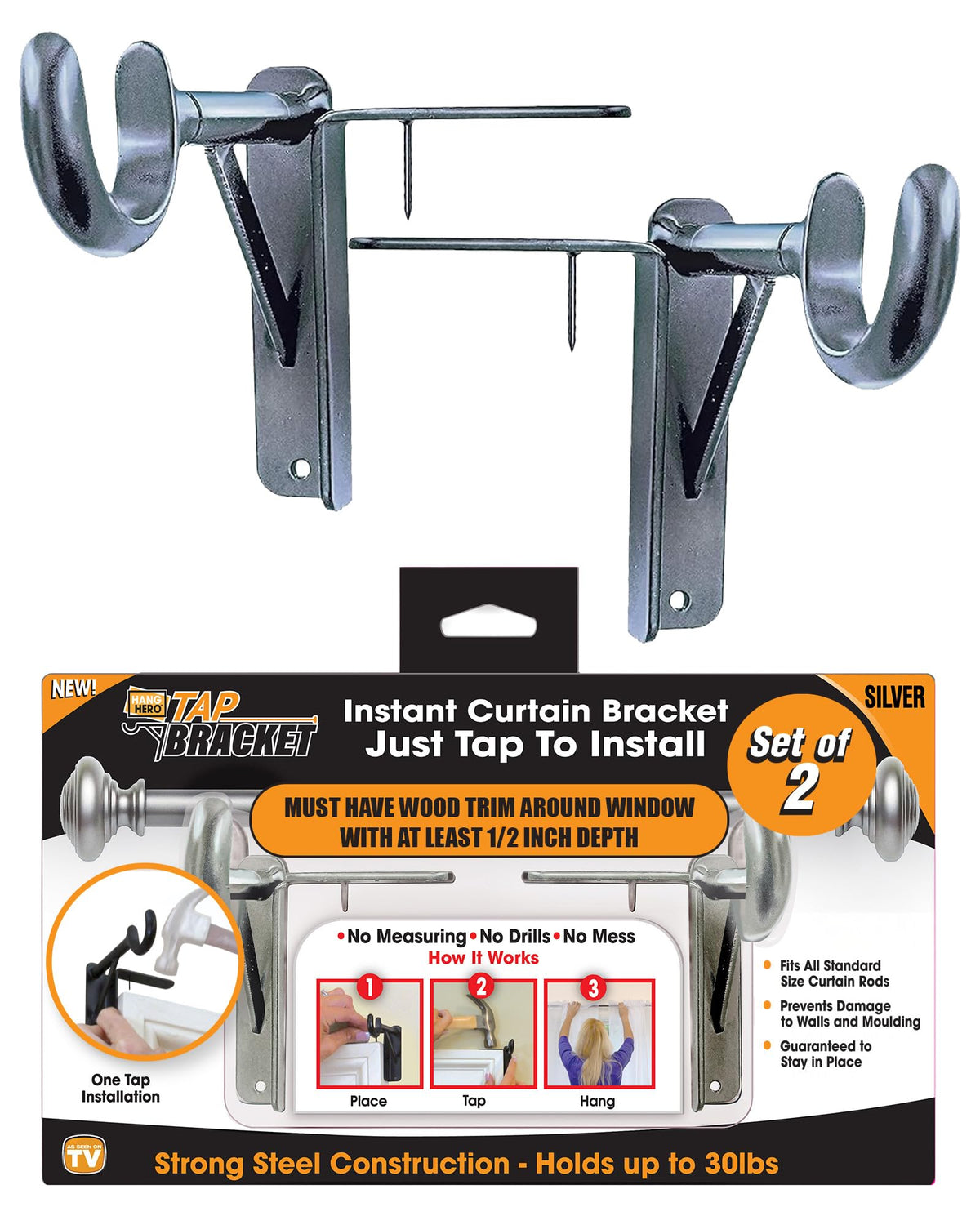Spark Innovators Tap Curtain Rod Bracket, Bronze, Set of 2 – No Drill Curtain Rod Brackets, Damage-Free, Easy to Install | Fits 1.25" Rods, Holds up to 30 lbs, As Seen on TV – Great Gift Idea for Moms