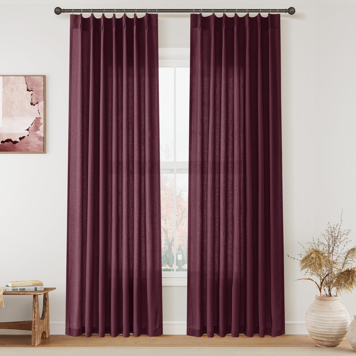 Aersas Linen Pinch Pleated Curtains 84 Inch Length 2 Panels Set for Living Room Cream Semi Sheer Window Curtain for Bedroom Boho Farmhouse Neutral Back Tab Drape Decor with Hooks, Natural Beige Ivory