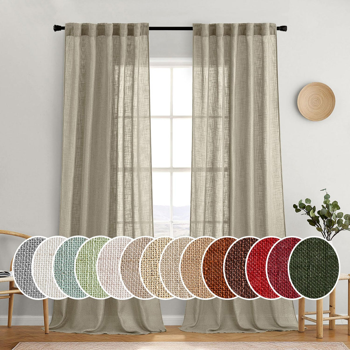 MIULEE Taupe Linen Curtains 52x84 Inch Length for Bedroom and Living Room