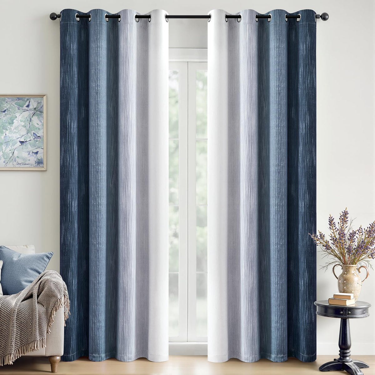 MIULEE Navy Blue and Greyish White Ombre Blackout Curtains 52Wx84L Set of 2